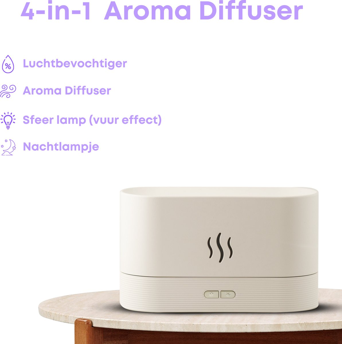 Ein weißer 4-in-1 Aroma Diffuser mit Flammen-Effekt-Lampe und Nachtlicht.