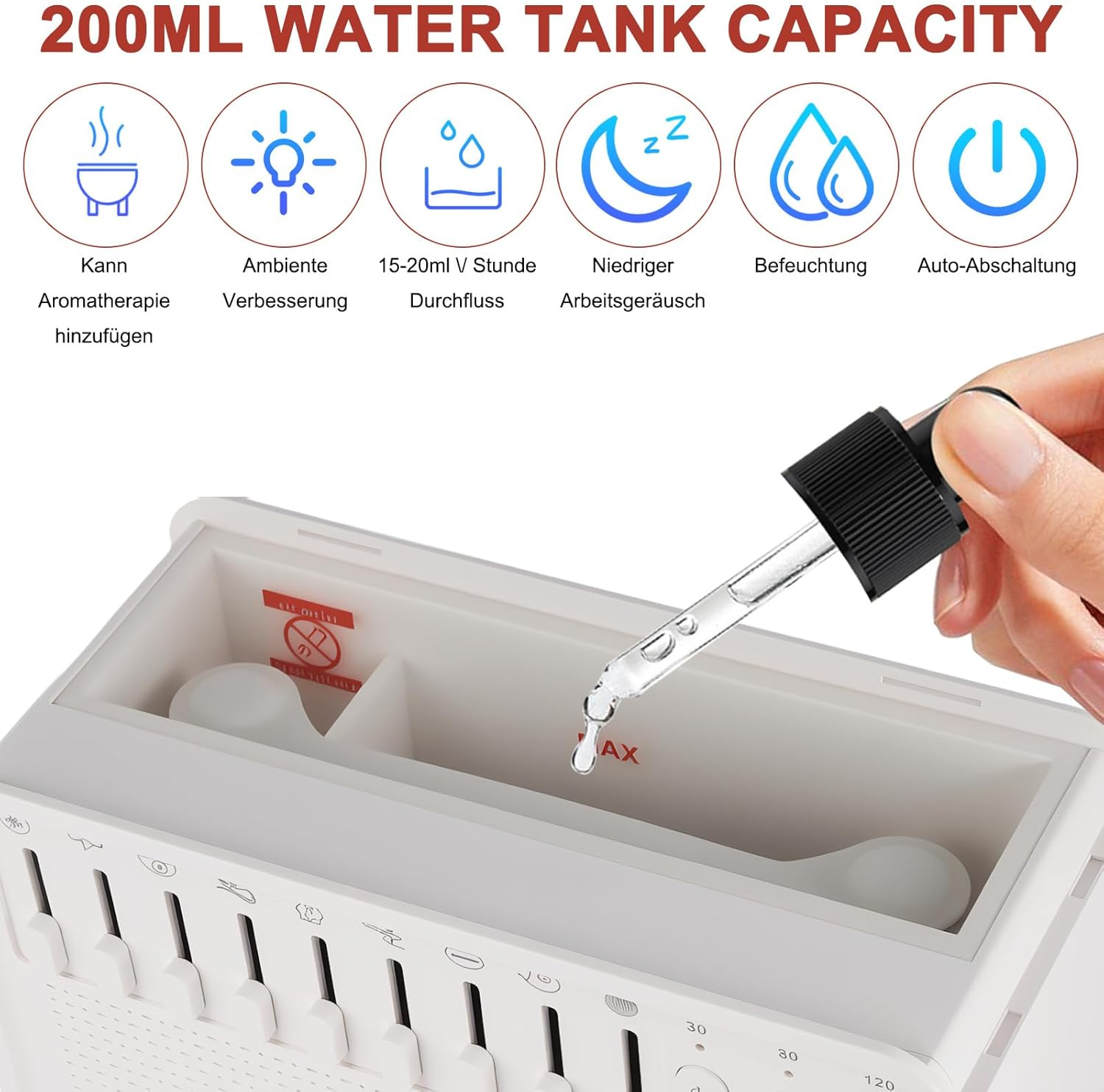 Tropfen werden in einen 200ml Wassertank eines Diffusors gegeben.