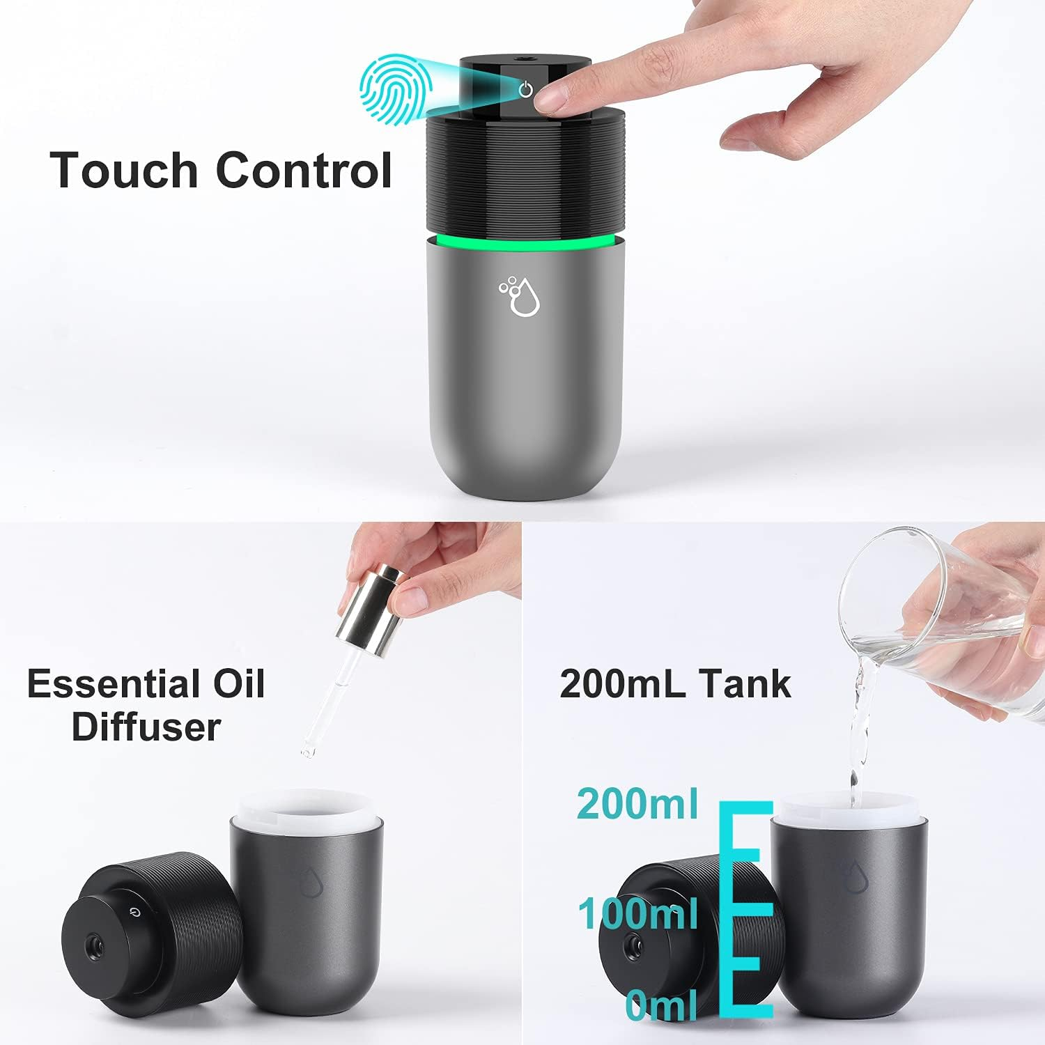 Ein grauer Aromaöl-Diffusor mit Touch-Steuerung & 200ml Tankkapazität wird gezeigt.