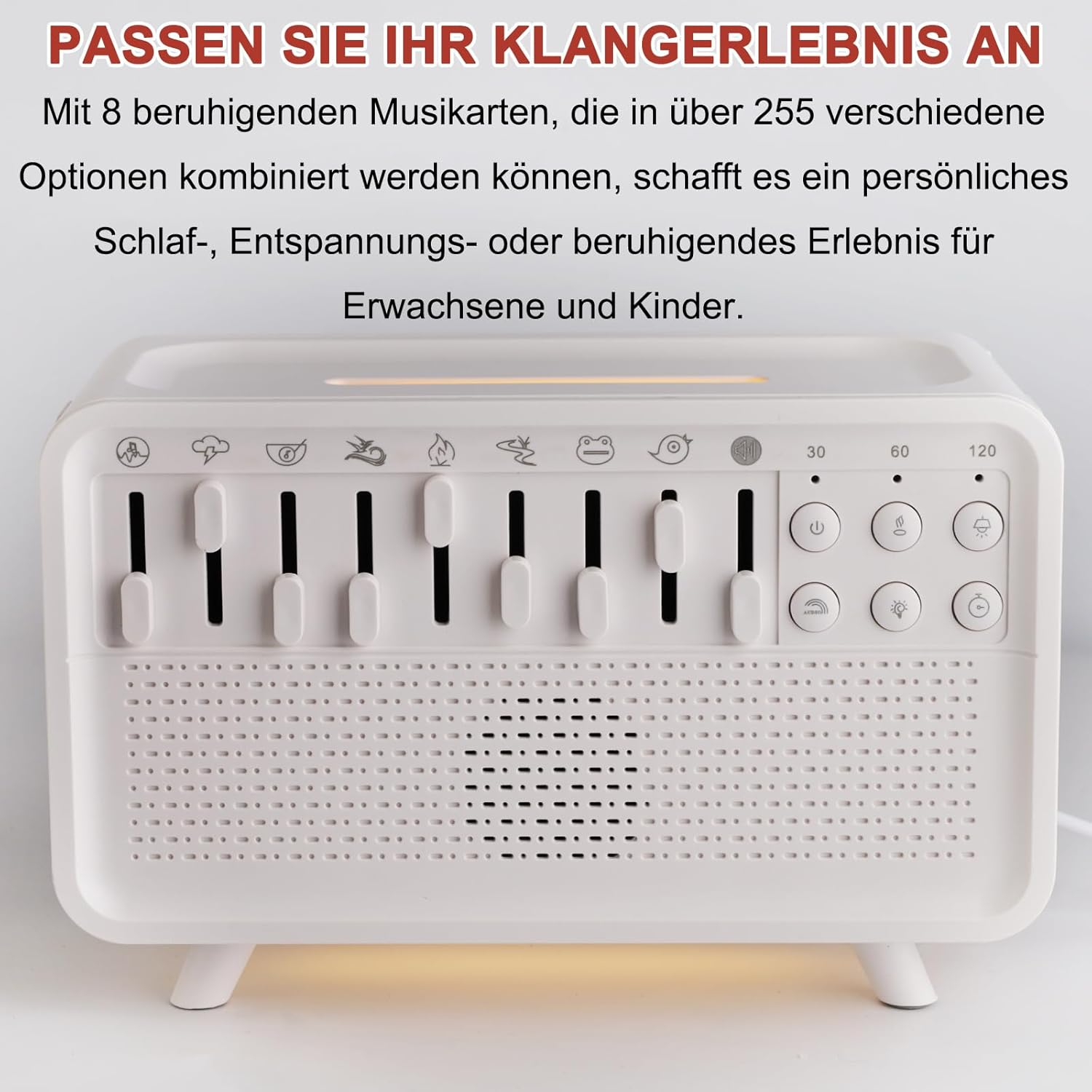 Ein weißes Gerät mit Schiebereglern und Tasten zur Klanganpassung.