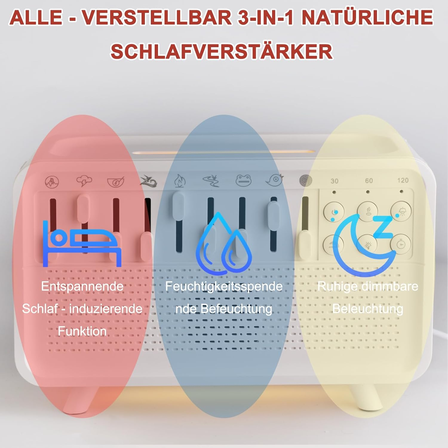 Ein 3-in-1 Schlafverstärker mit Funktionen für Entspannung, Befeuchtung und Licht.