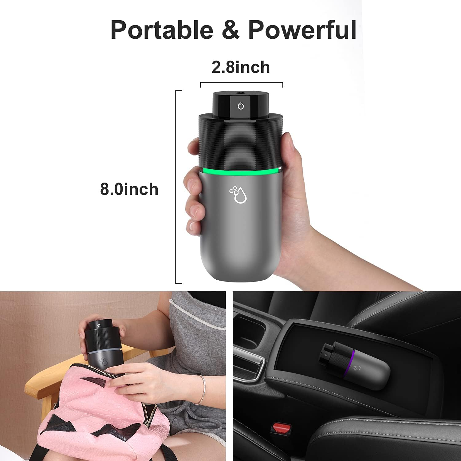 Eine Hand hält eine graue Kaffeemaschine mit grünem Ring. Unten: Frau packt Maschine in Tasche; Maschine im Auto.