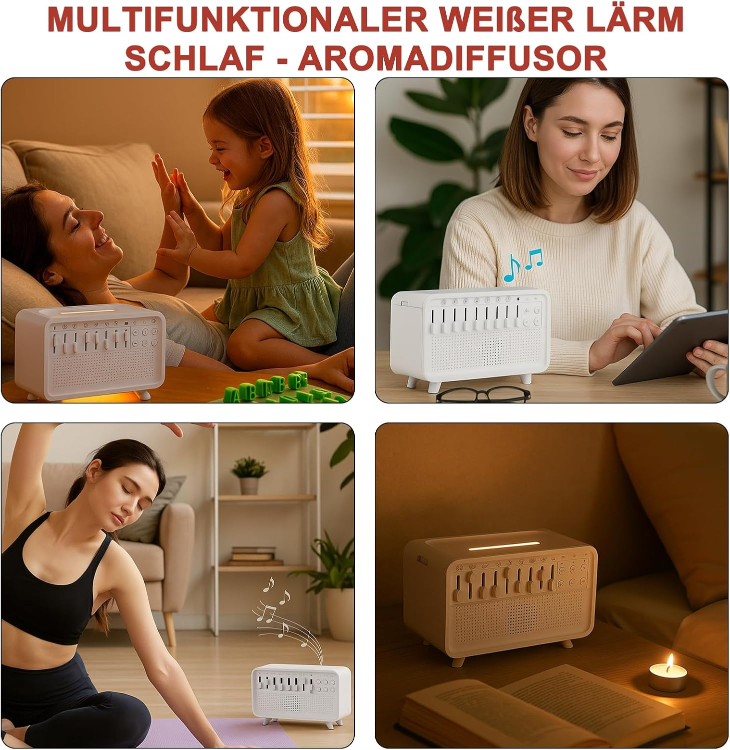 Collage zeigt weiße Diffusoren in verschiedenen Szenarien: Familie, Arbeit, Yoga, Nacht.