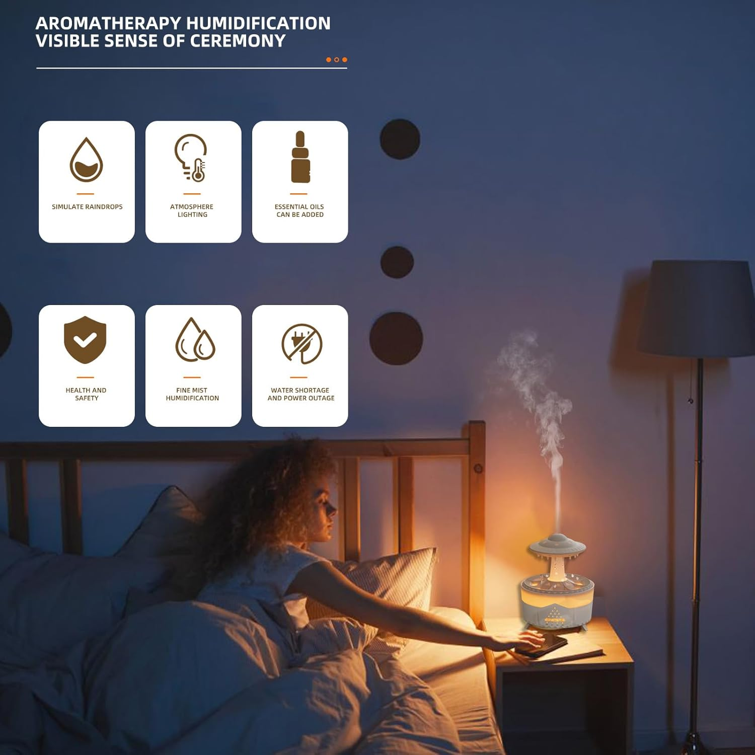 Frau im Bett neben einem Humidifier, der Dampf abgibt. Icons für Funktionen.