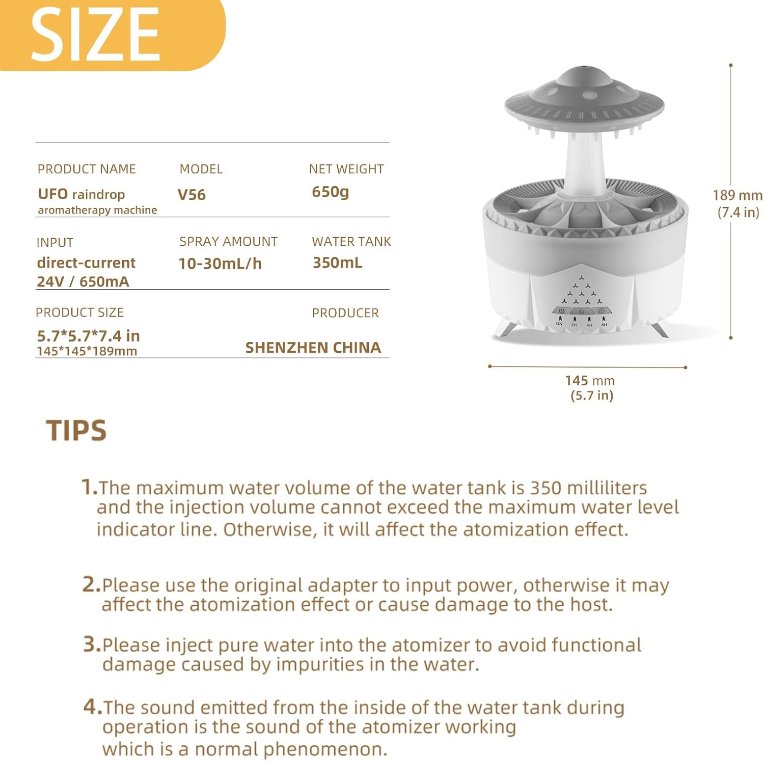 Ein UFO-förmiger Luftbefeuchter mit einem Tank von 350 ml und einer Größe von 145x145x189 mm.