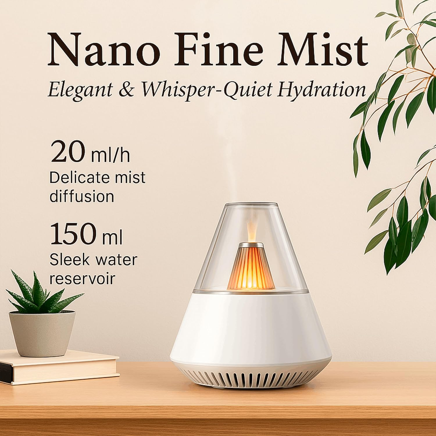 Ein weißer Diffusor mit einem leuchtenden orangefarbenen Kern auf einem Holztisch.