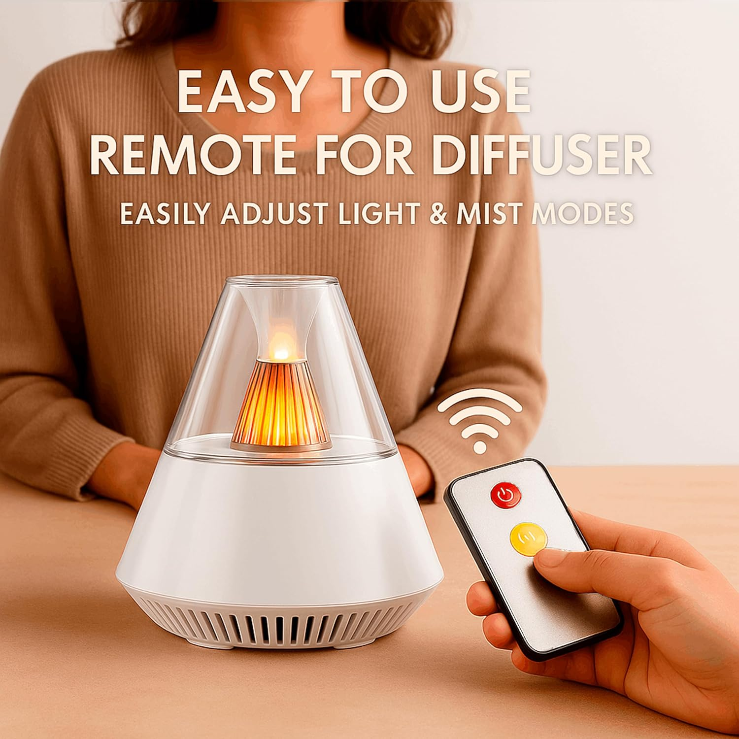 Eine Hand hält eine Fernbedienung, die einen weißen Diffusor mit flammendem Licht steuert.