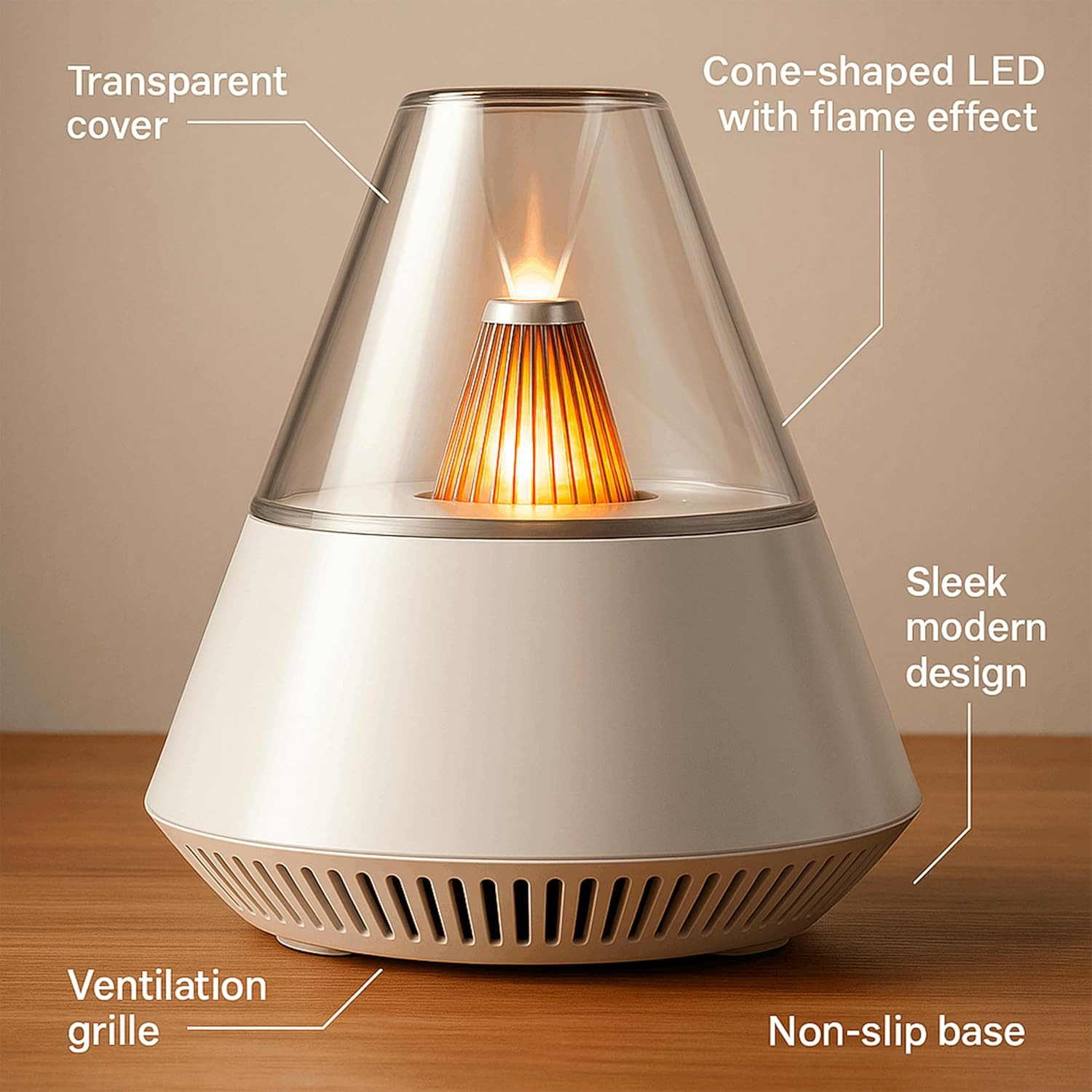 Eine weiße, kegelförmige Lampe mit transparenter Abdeckung, leuchtender LED-Flamme und Lüftungsgitter.
