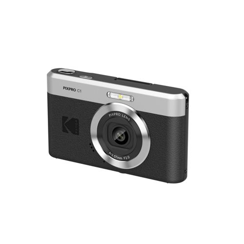 Eine schwarze Digitalkamera mit silbernem Oberteil und Blitz.