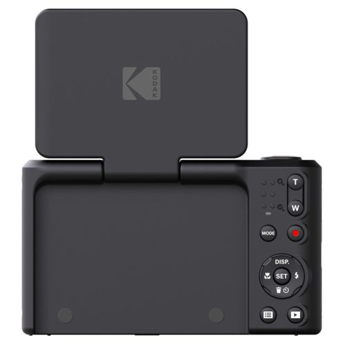 Eine schwarze Kodak Digitalkamera mit hochgeklapptem Bildschirm, die das Kodak-Logo zeigt.