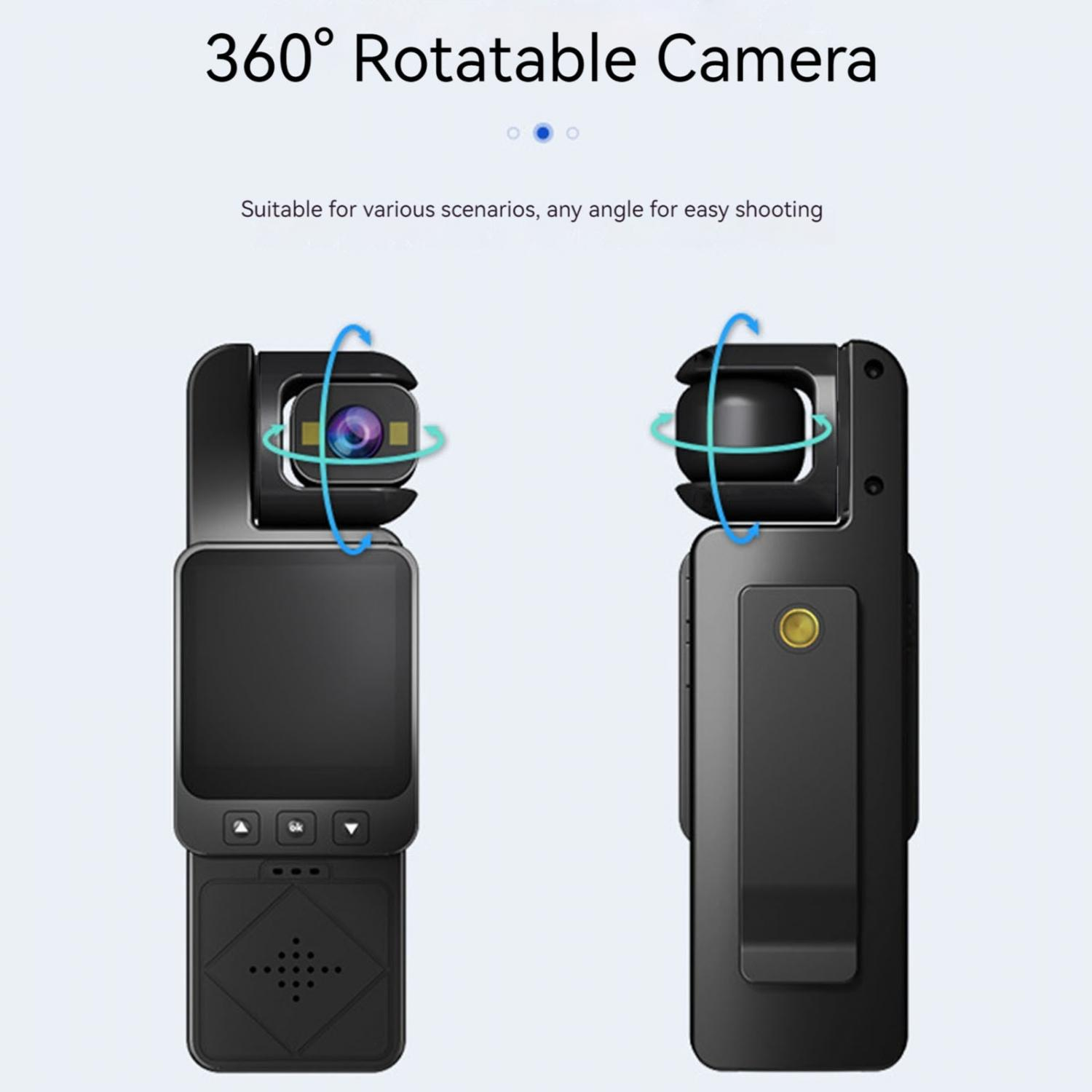 Zwei Ansichten einer schwarzen 360-Grad-Kamera mit drehbarem Kopf und Bildschirm.
