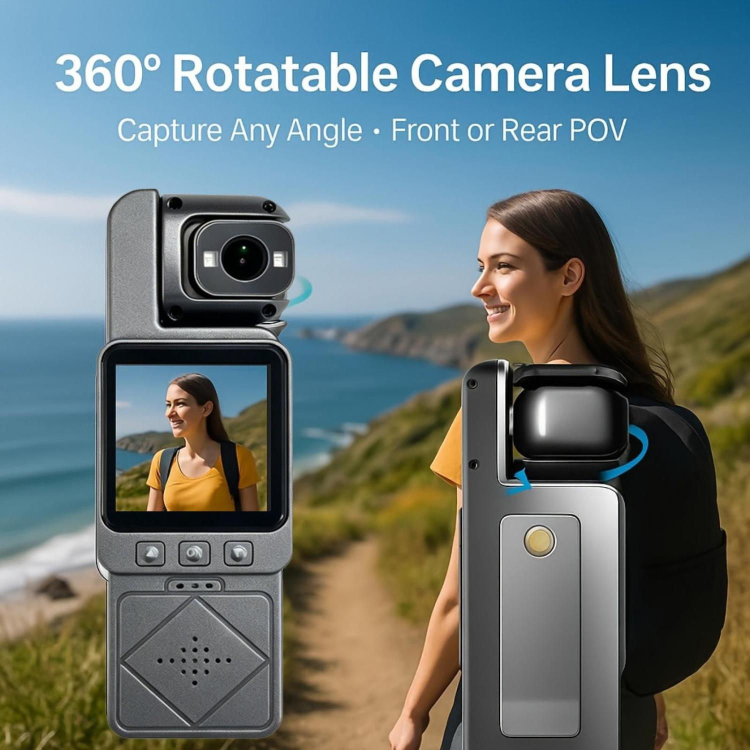Eine Frau mit einem Gimbal in einer Küstenlandschaft, der die 360°-Kamera zeigt.