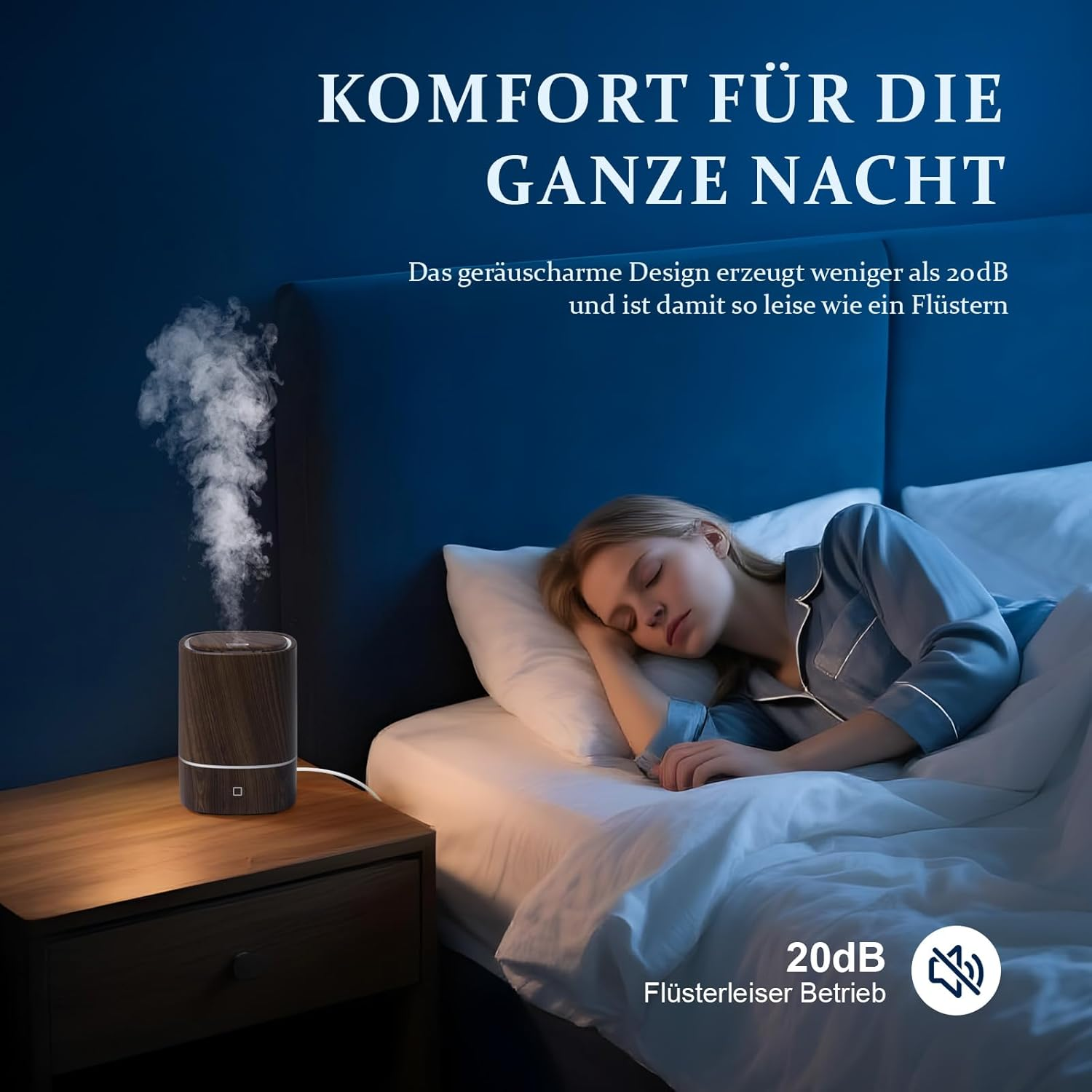 Eine Frau schläft neben einem leisen Luftbefeuchter auf einem Nachttisch.