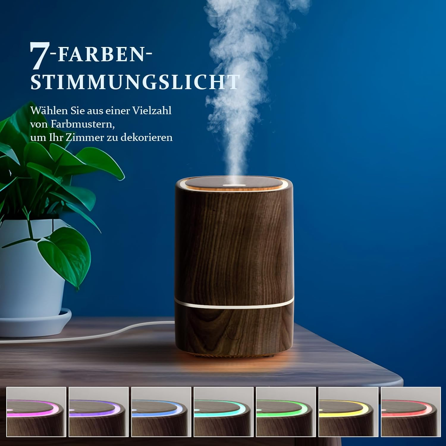 Holz-Diffusor mit 7 Farb-Stimmungslicht und Dampf.