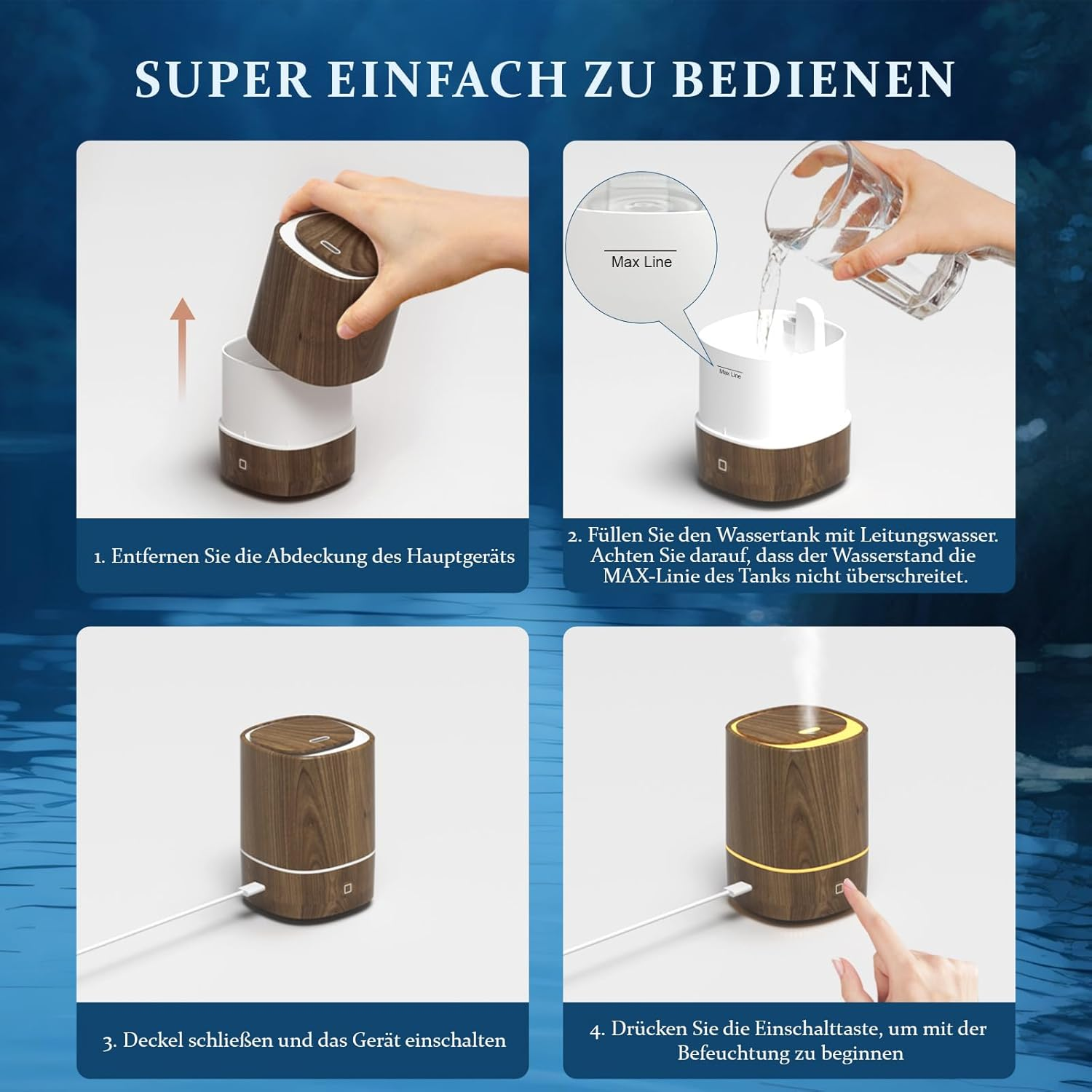 Anleitung: Luftbefeuchter auseinandernehmen, Wasser einfüllen, schliessen, einschalten.
