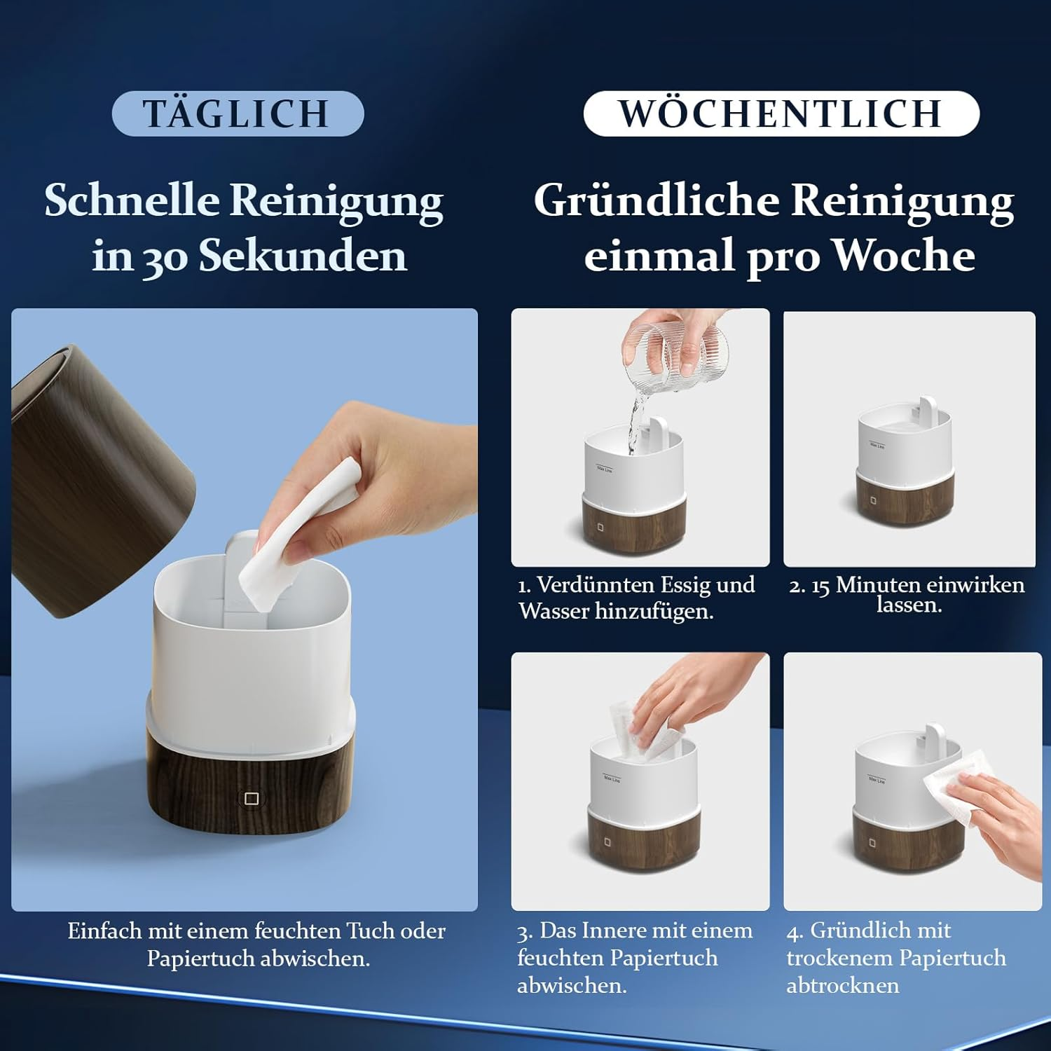 Anleitung für tägliche und wöchentliche Reinigung eines Geräts.