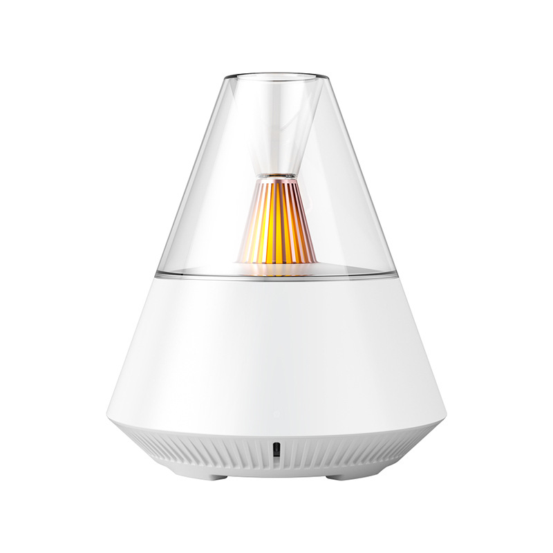 Ein weißer Diffusor mit einem durchsichtigen oberen Kegel und einem orange-goldenen Kern.