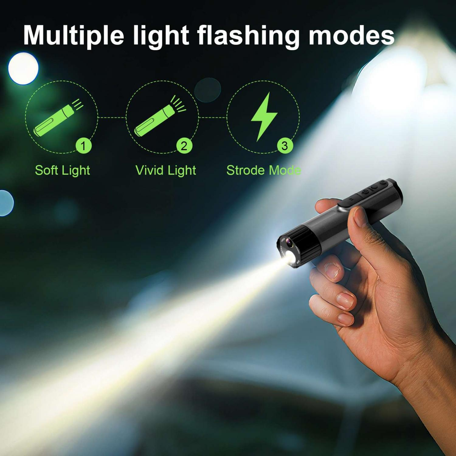 Hand hält eine Taschenlampe, zeigt weiche, lebendige und Stroboskop-Lichtmodi.