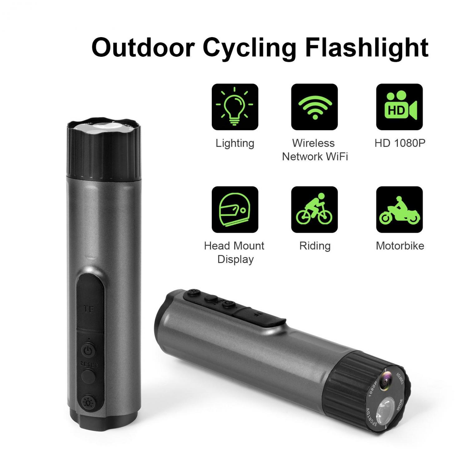 Graue Taschenlampe mit Symbolen: Beleuchtung, WLAN, HD 1080P, Helm, Rad, Motorrad.
