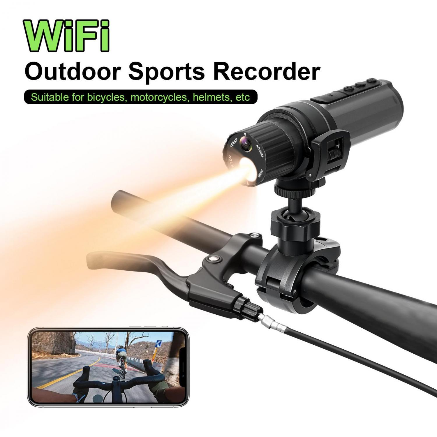 WiFi Outdoor Sports Recorder auf Fahrradlenker montiert mit Handy-Vorschau.