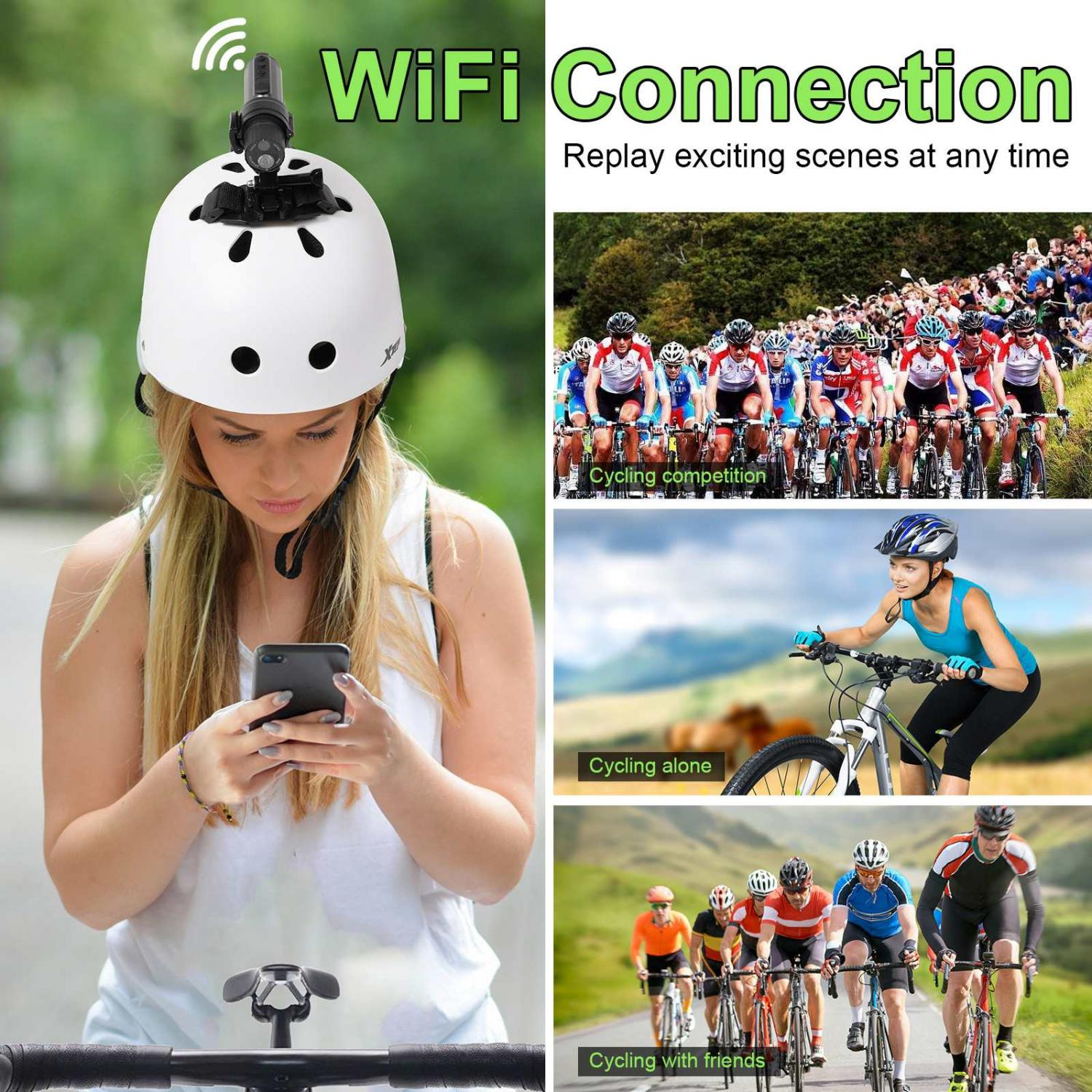 Frau mit Helm und Kamera telefoniert. Radfahrer in Wettkampf, allein und mit Freunden.