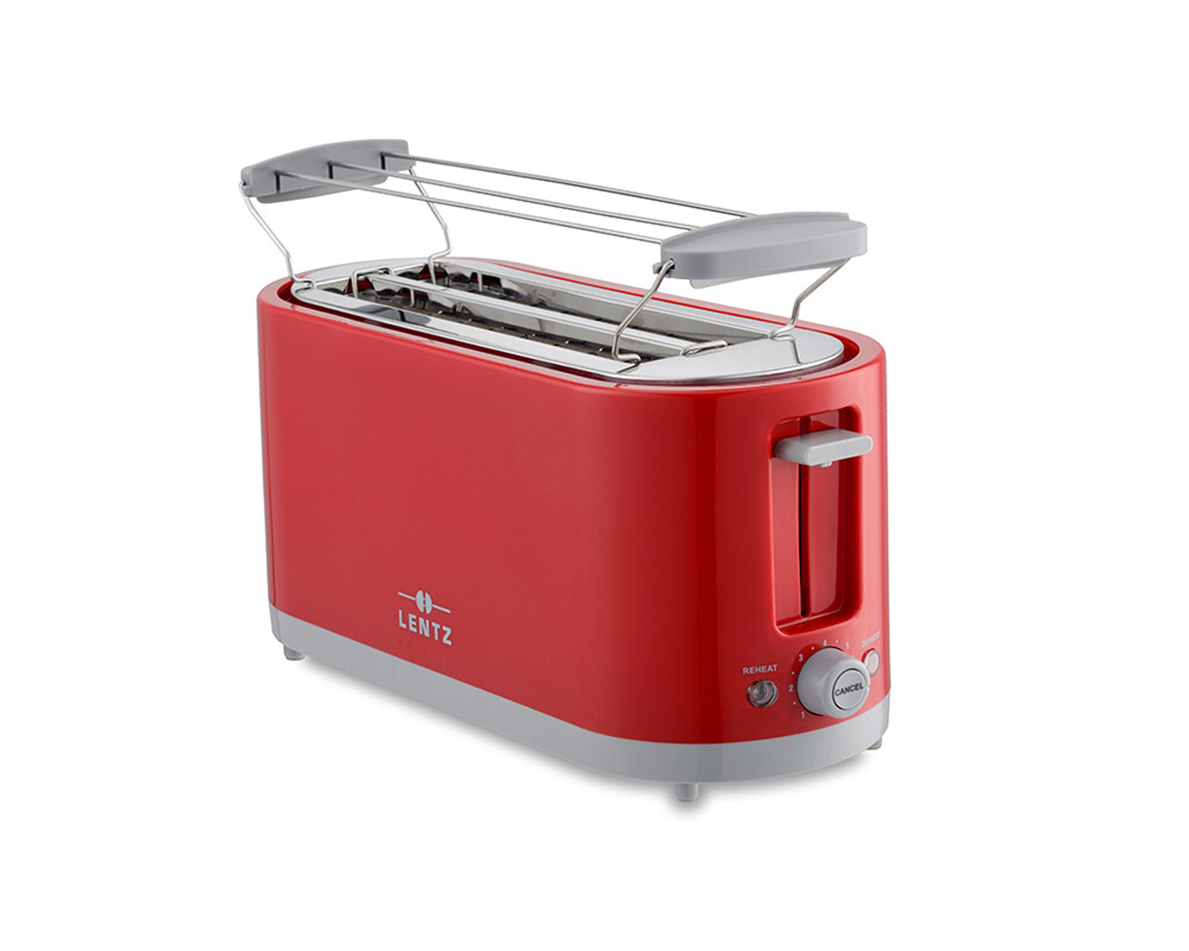 Ein roter Lentz-Toaster mit Chrom-Brötchenaufsatz und Bedienelementen.