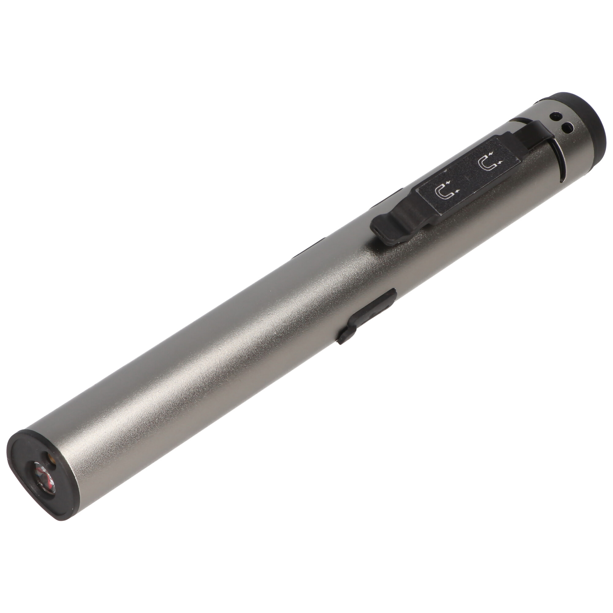 Ein silberner Laserpointer mit schwarzem Clip und Bedienelementen.