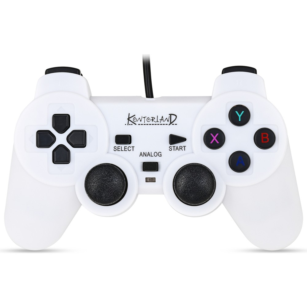 Siyah düğmeli ve iki joystickli beyaz oyun kumandası.