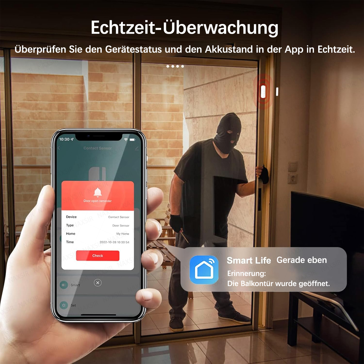 Einbrecher öffnet Tür, Handy zeigt Benachrichtigung 