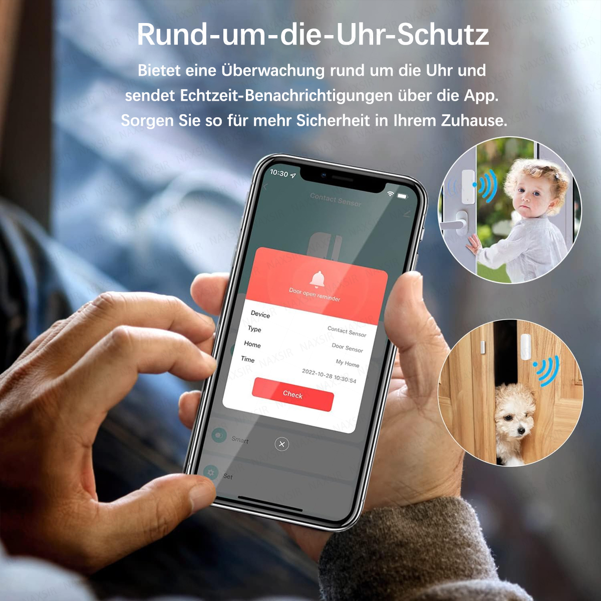 Smartphone zeigt Türsensor-App mit Alarm. Baby und Hund sind zu sehen.