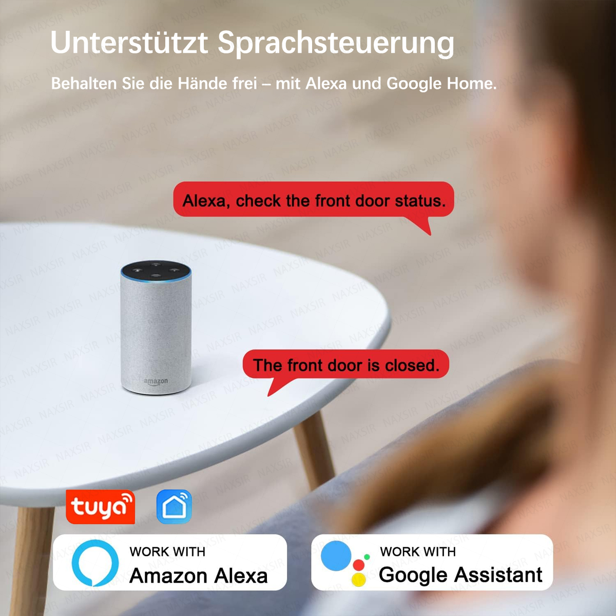 Ein grauer Amazon Echo Dot auf einem Tisch, mit Sprachbefehlen.