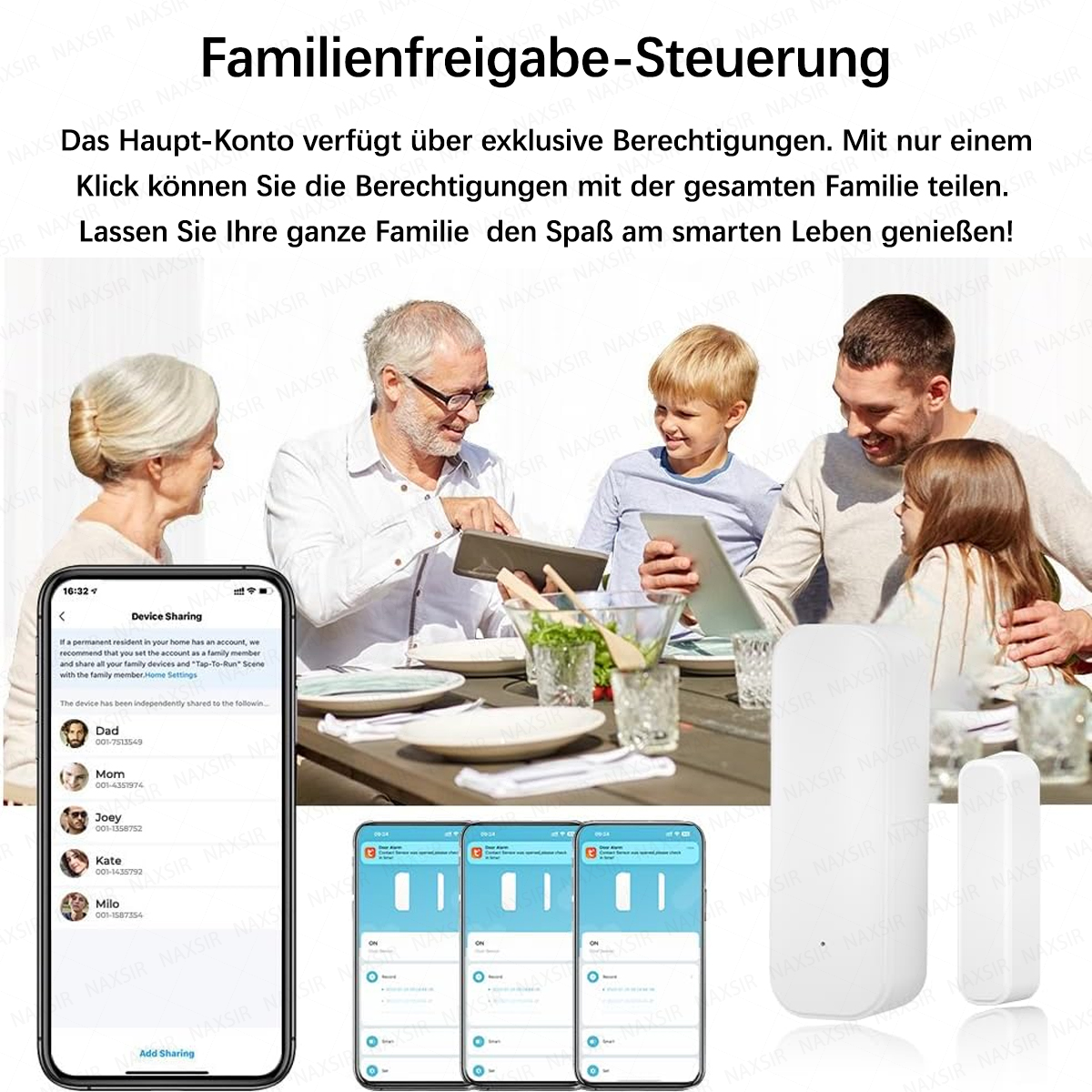 Familie teilt Geräte über App. Großeltern, Eltern und Kinder schauen auf Tablets.