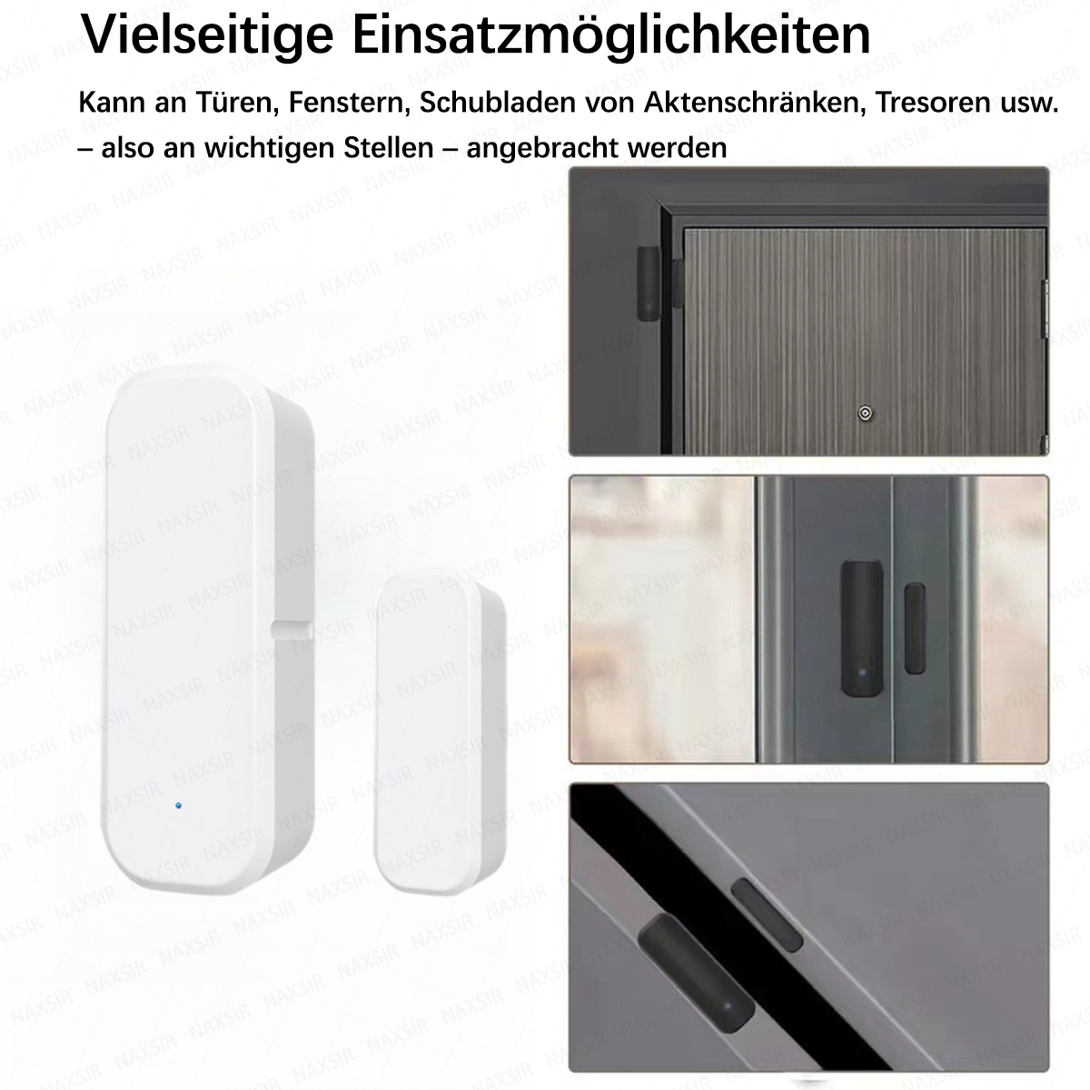 Weiße Tür-/Fensterkontakte auf grauem Hintergrund.