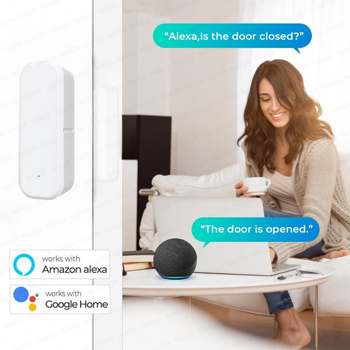 Eine Frau fragt Alexa, ob die Tür geschlossen ist. Ein Sensor wird gezeigt.