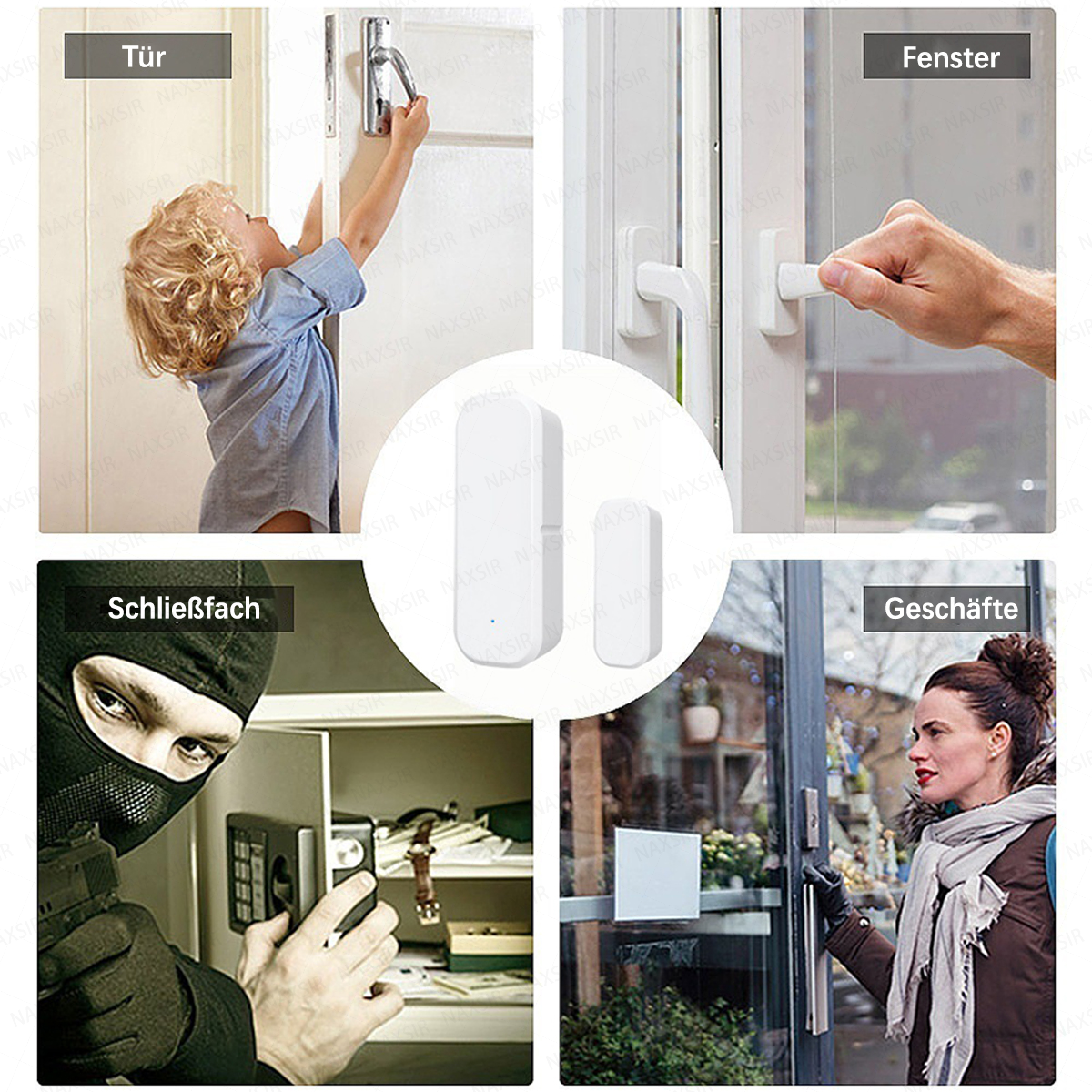 Collage: Kind an Tür, Hand am Fenster, Einbrecher am Safe, Frau am Geschäftseingang.
