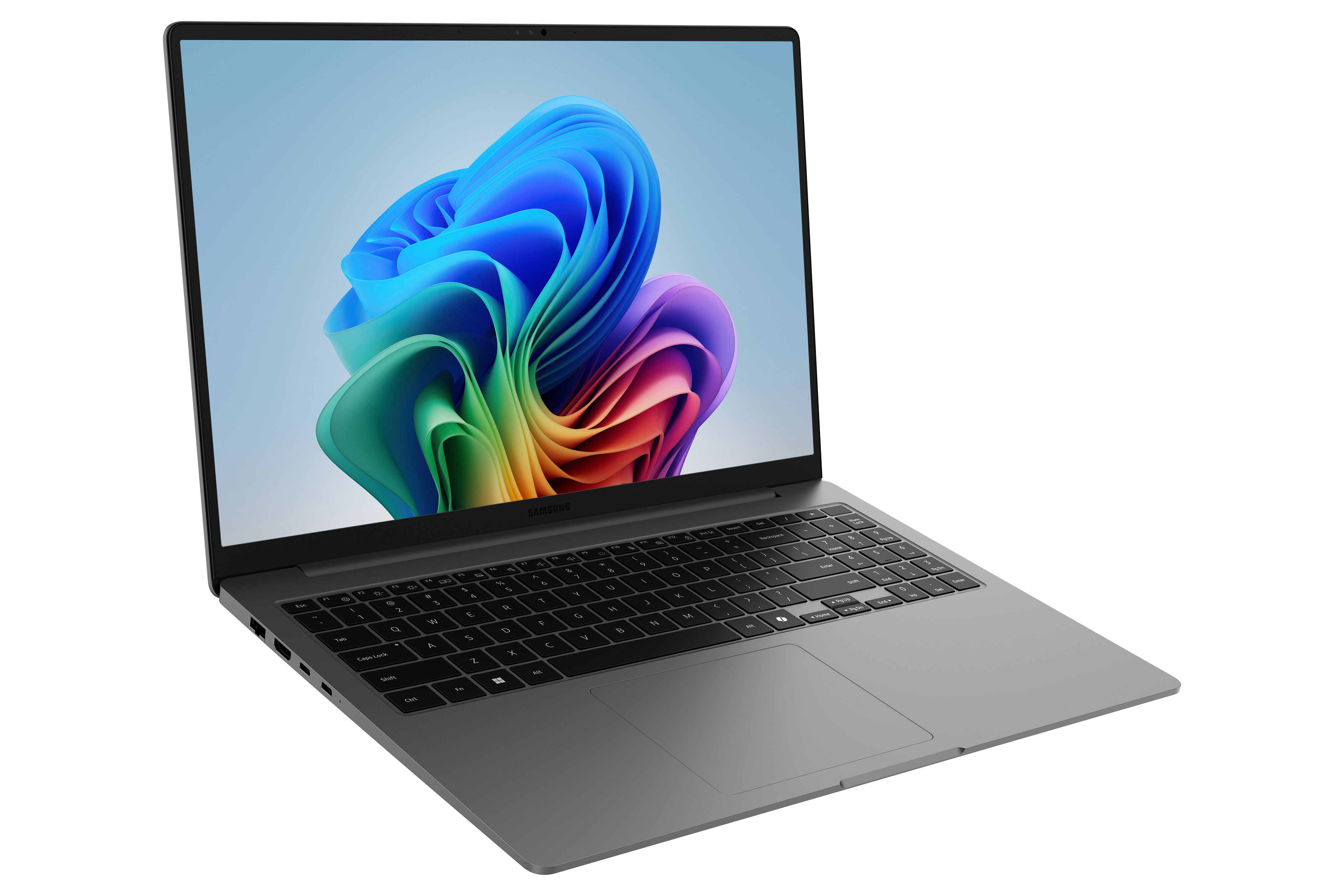 Laptop Samsung grigio con tastiera e sfondo colorato sullo schermo.