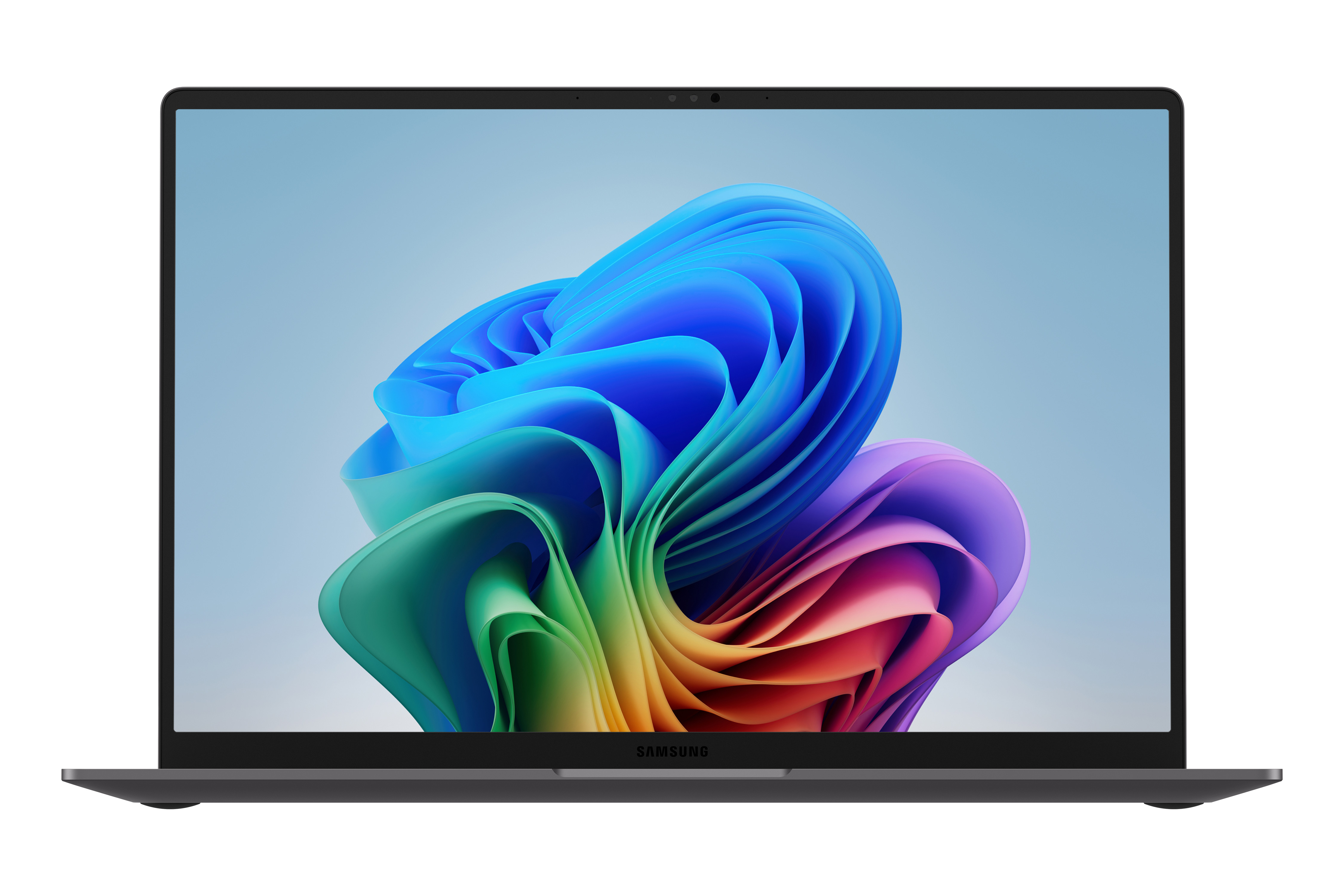 Un laptop Samsung grigio aperto che mostra uno sfondo astratto e colorato.