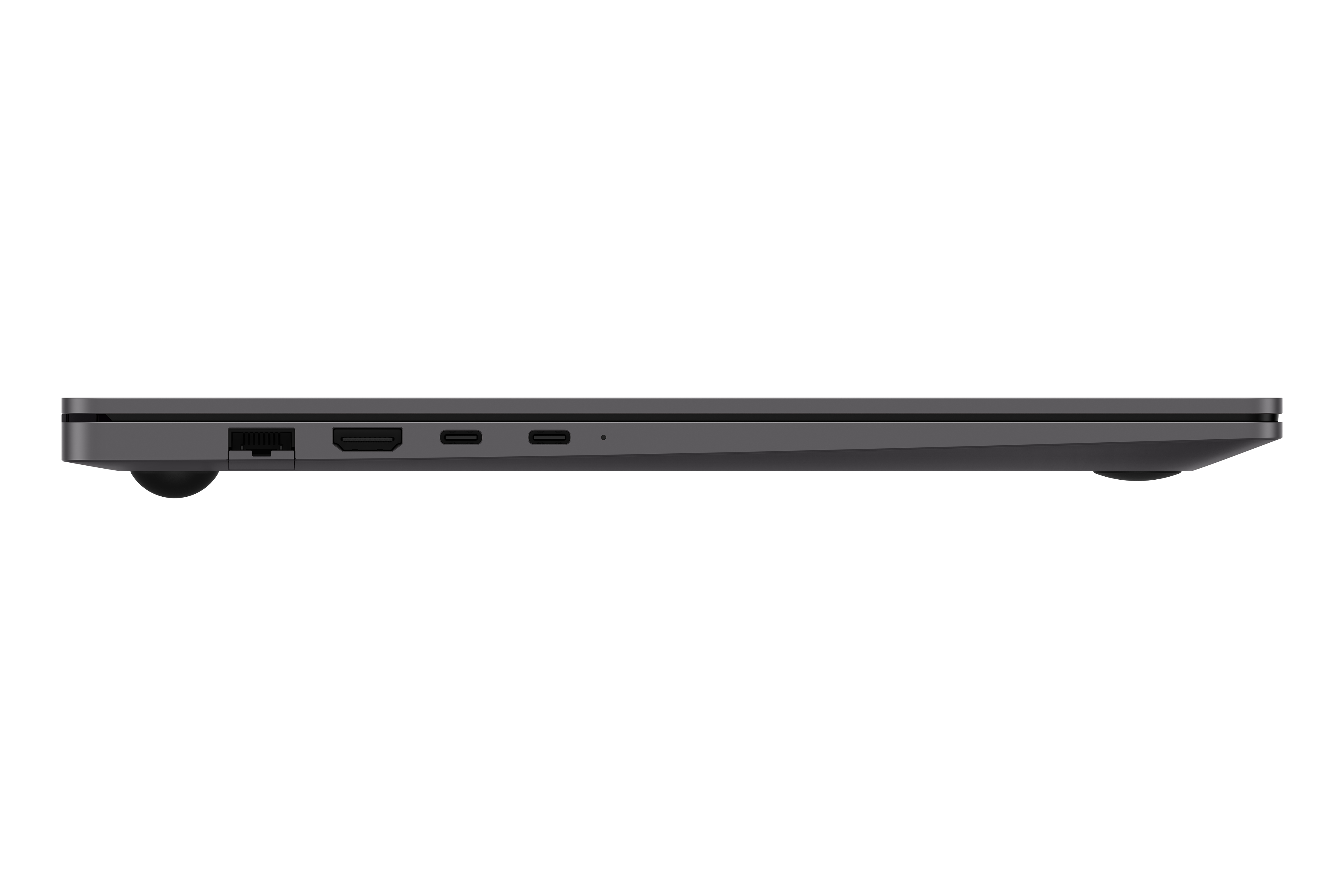 Vista laterale di un laptop scuro con porte Ethernet, HDMI e USB-C.