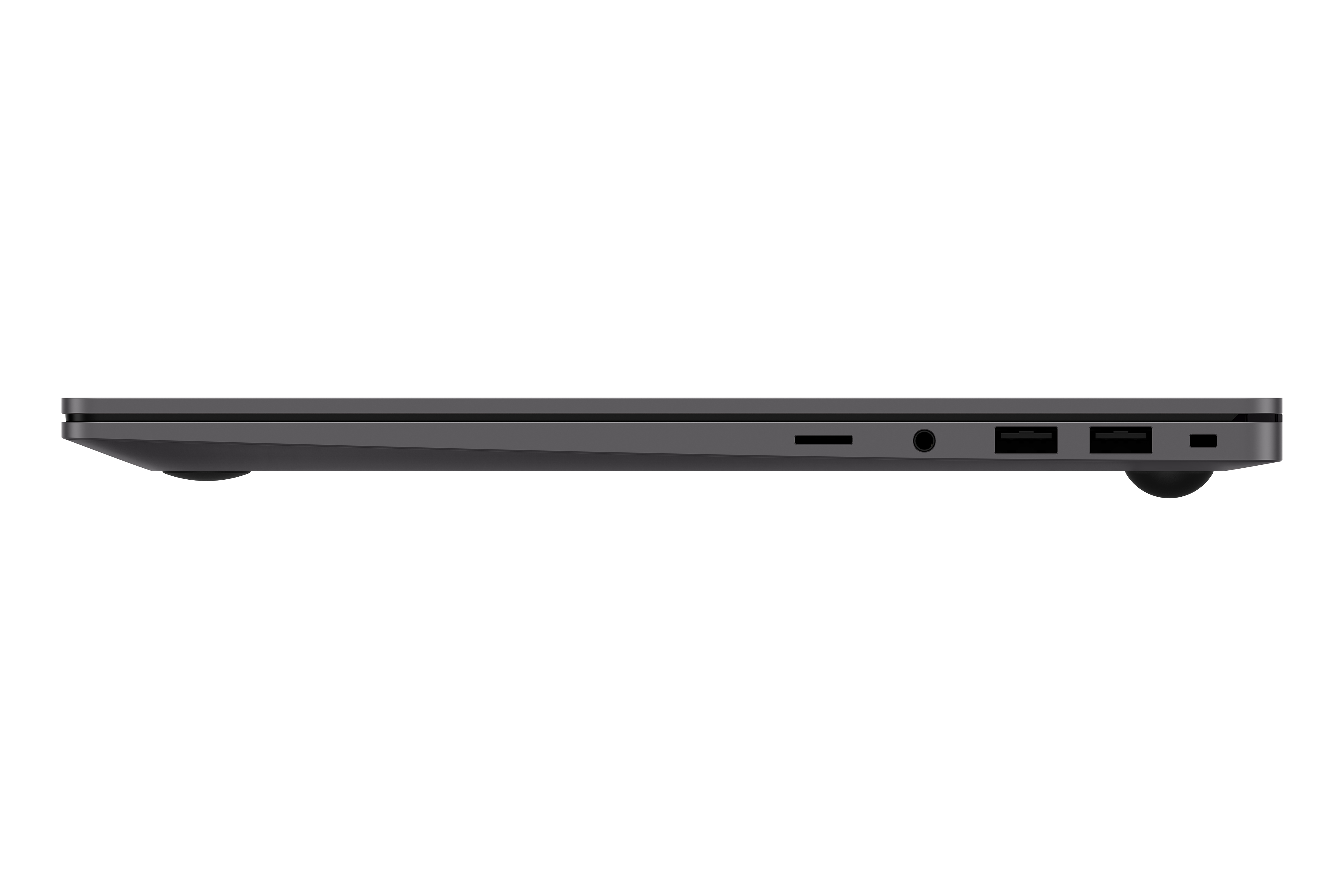 Profilo laptop grigio scuro con porte: lettore di schede SD, jack per cuffie, due porte USB.