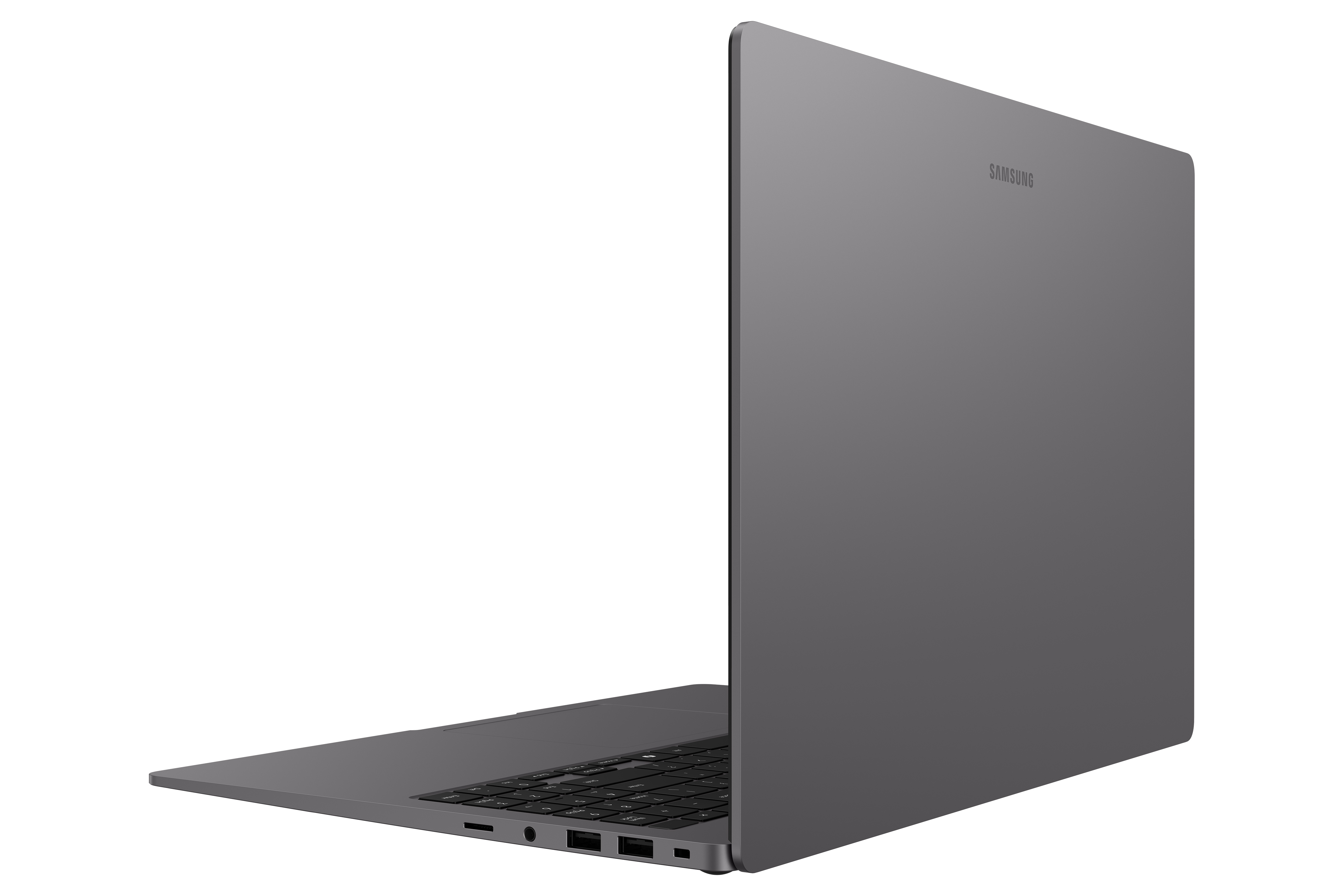 Un laptop Samsung grigio, visto di lato, con tastiera e porte.