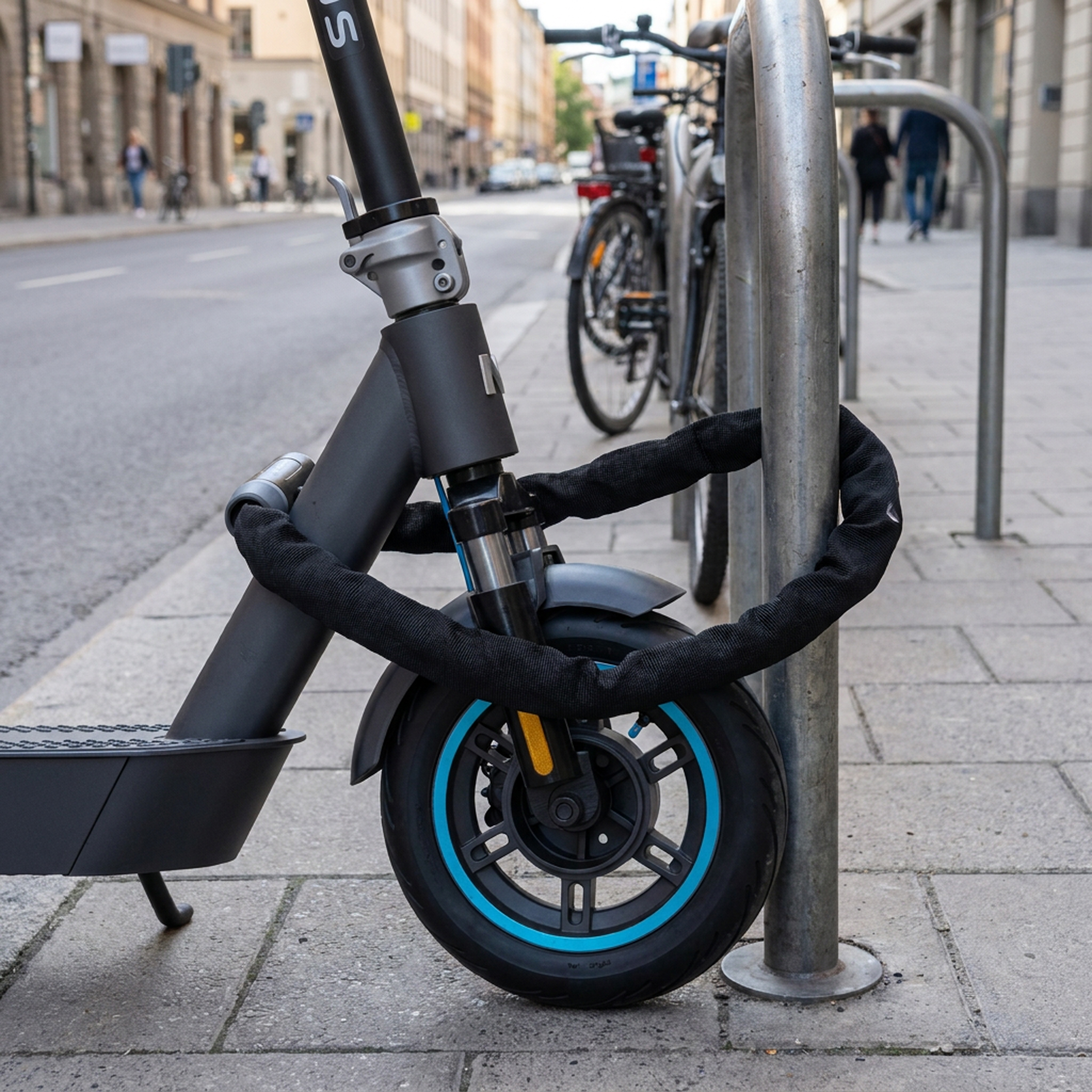 Uno scooter elettrico nero assicurato a un palo di metallo con una catena.