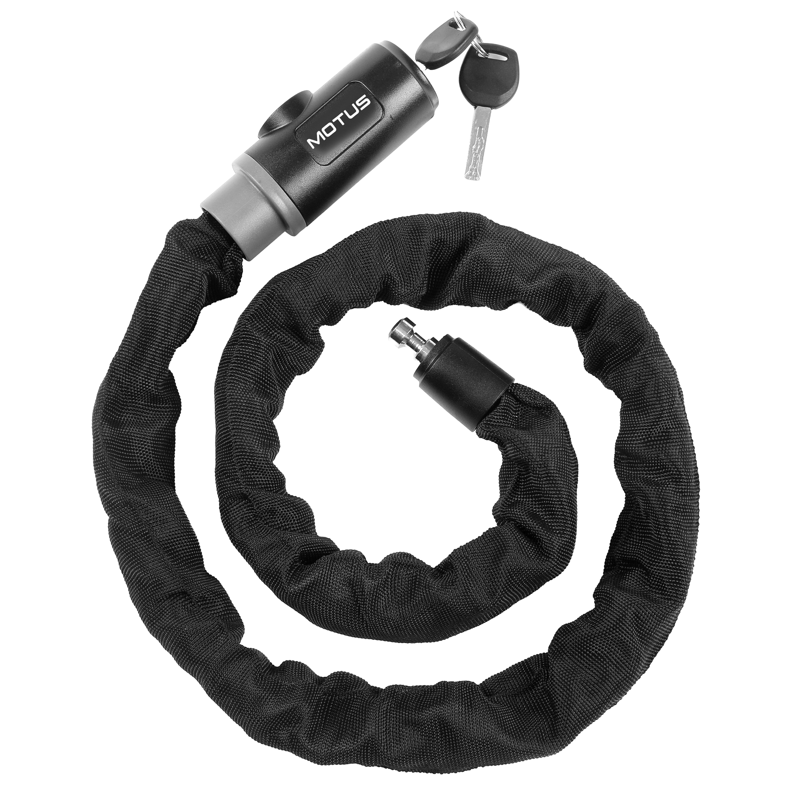 Un lucchetto a catena nero con due chiavi, su sfondo bianco.