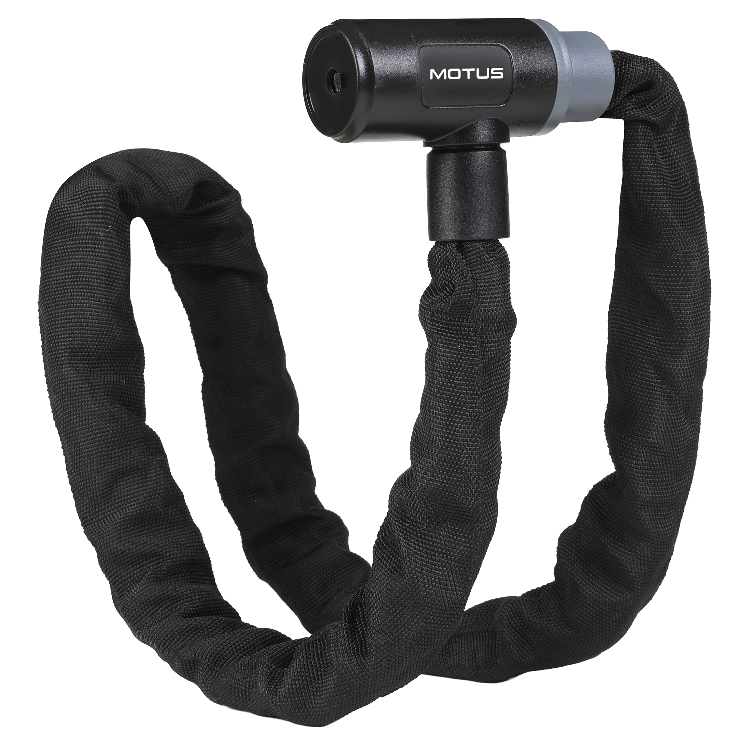 Lucchetto nero per bicicletta con maglie e cassa nera con logo MOTUS.