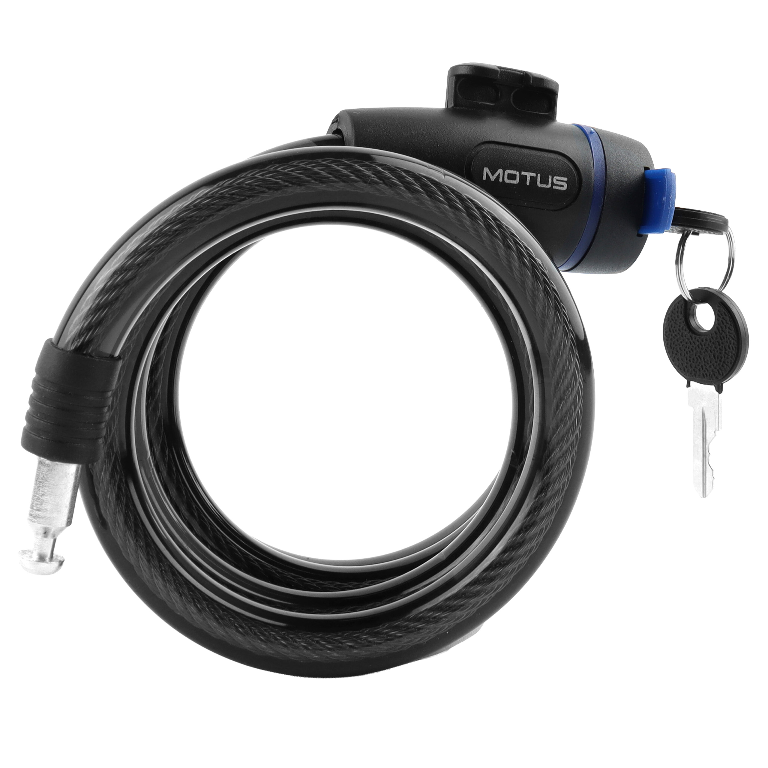 Lucchetto nero con cavo a spirale, chiave e testa di blocco con accenti blu.