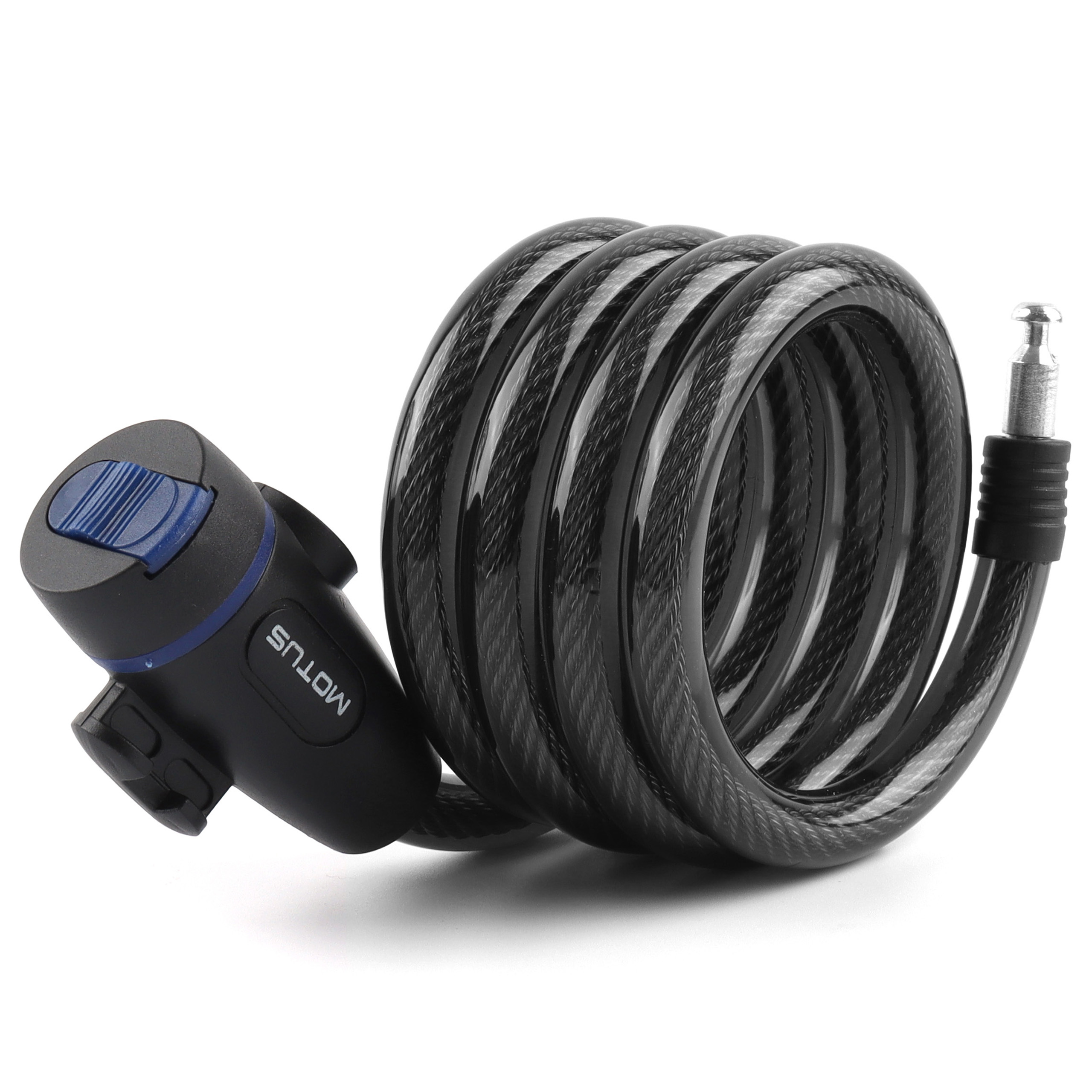 Lucchetto da bicicletta nero a spirale con manico blu e estremità argentata su sfondo bianco.