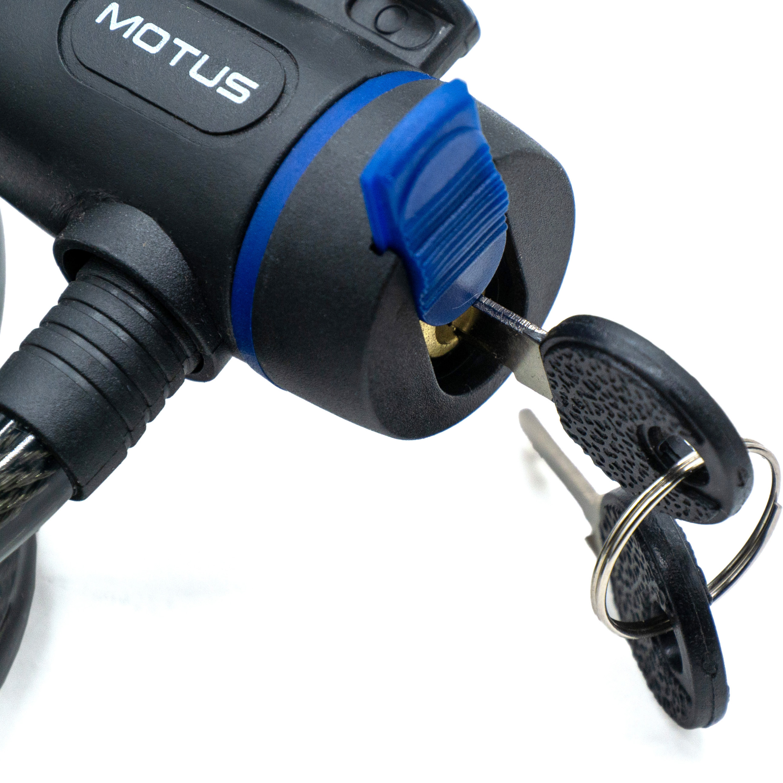 Lucchetto nero per bici con leva blu e chiavi. Logo MOTUS.