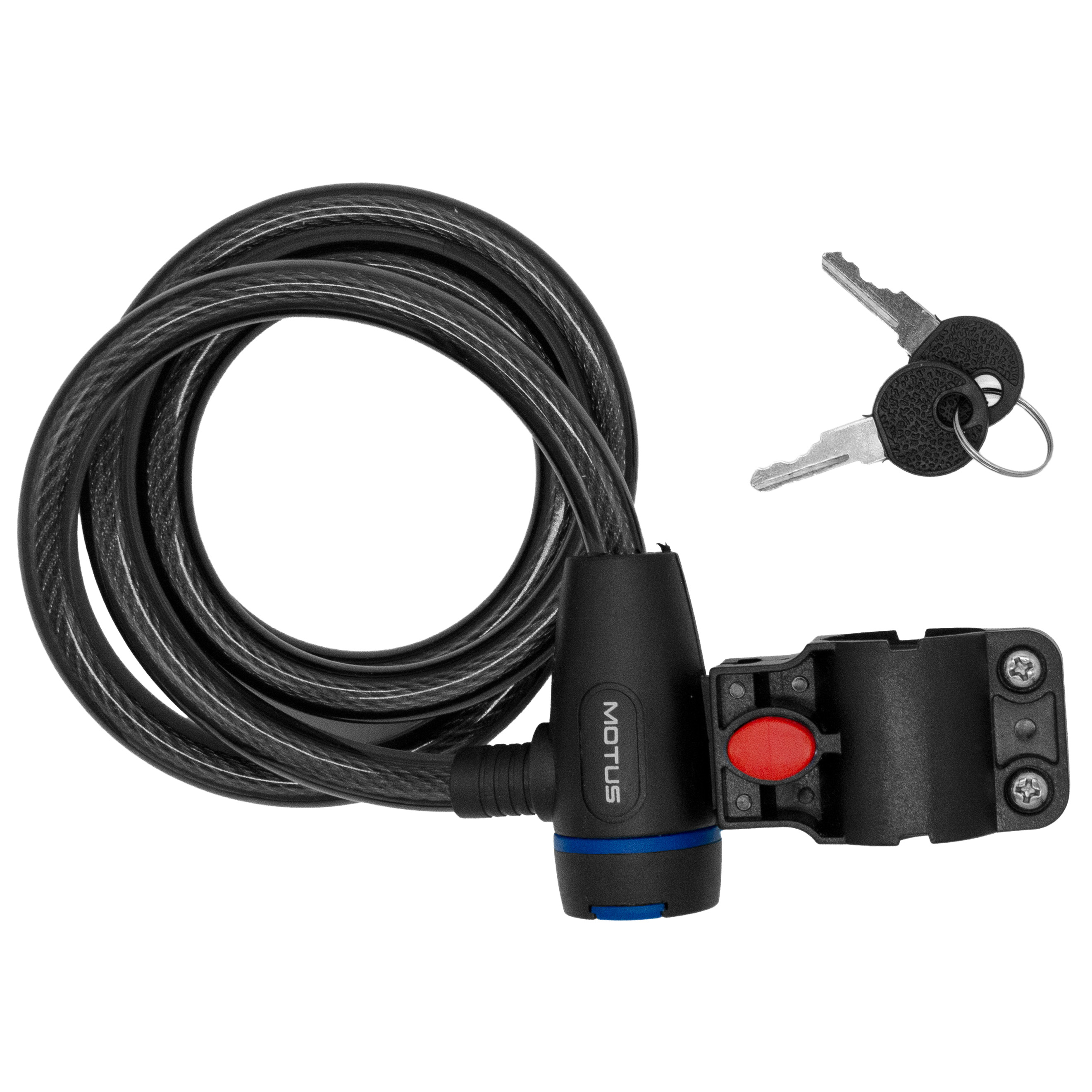 Lucchetto da bicicletta nero con cavo, supporto e due chiavi.
