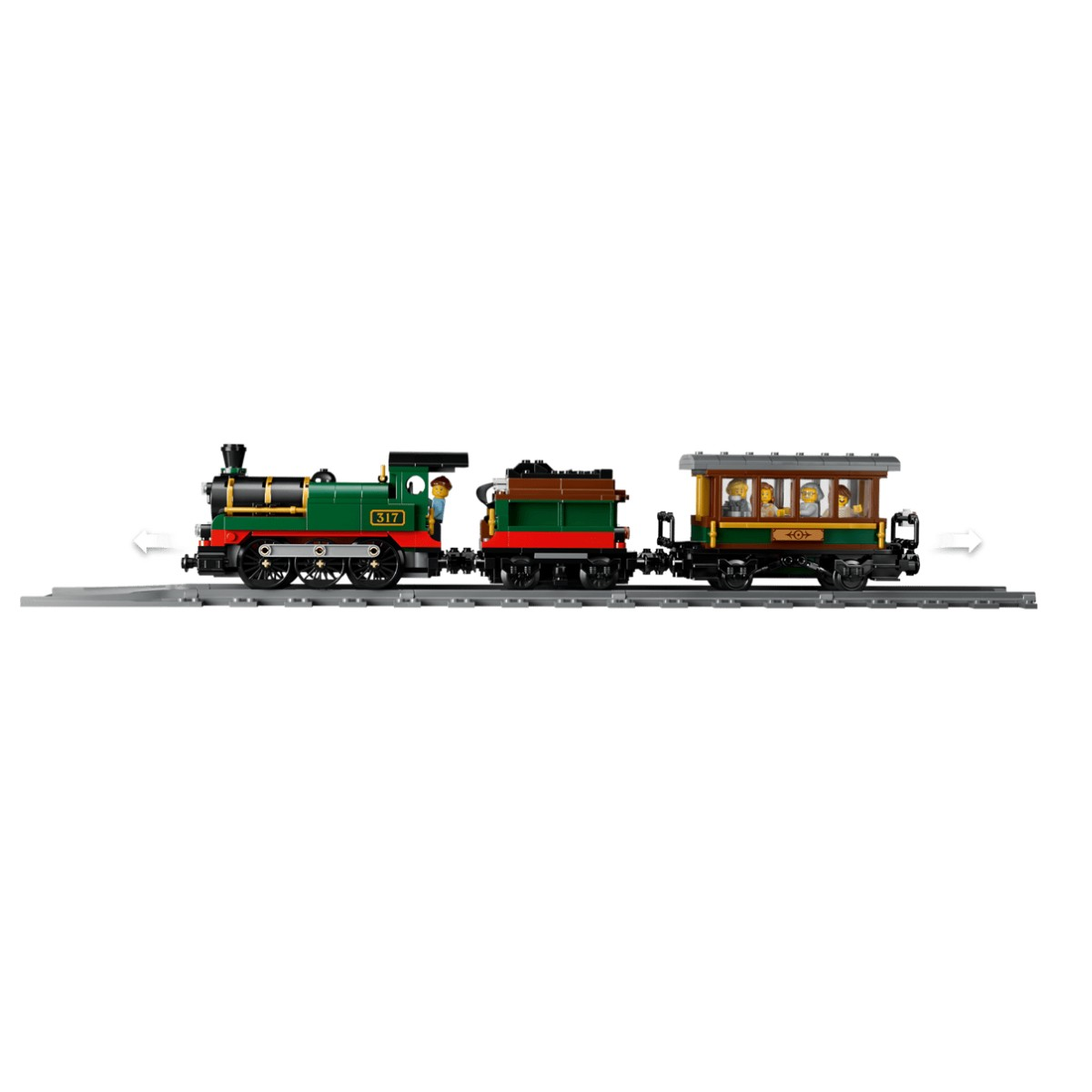 Figürlü raylar üzerinde iki vagonlu yeşil buharlı tren.