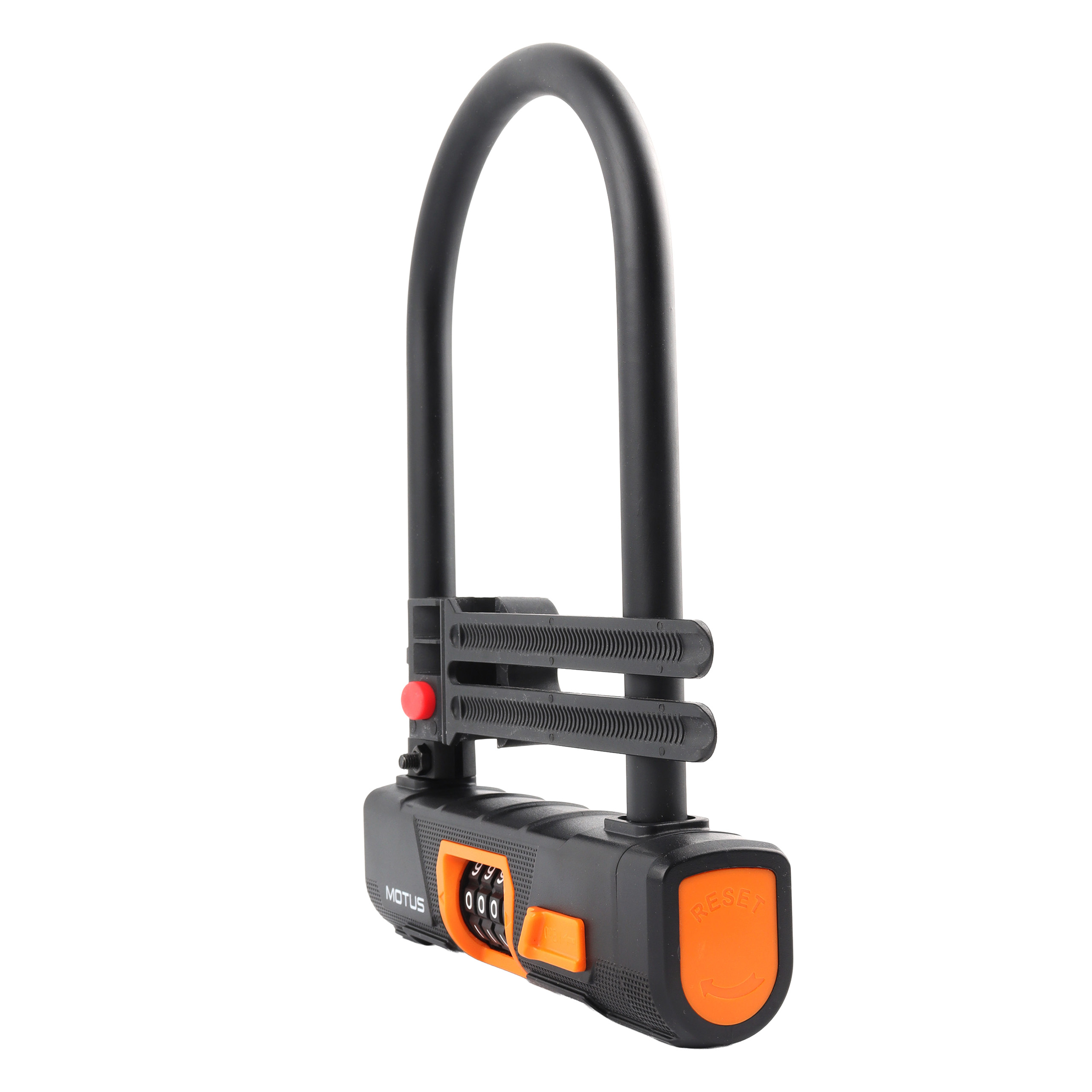 Un candado de bicicleta negro con combinación, grillete en U y detalles naranjas. Incluye botón reset.