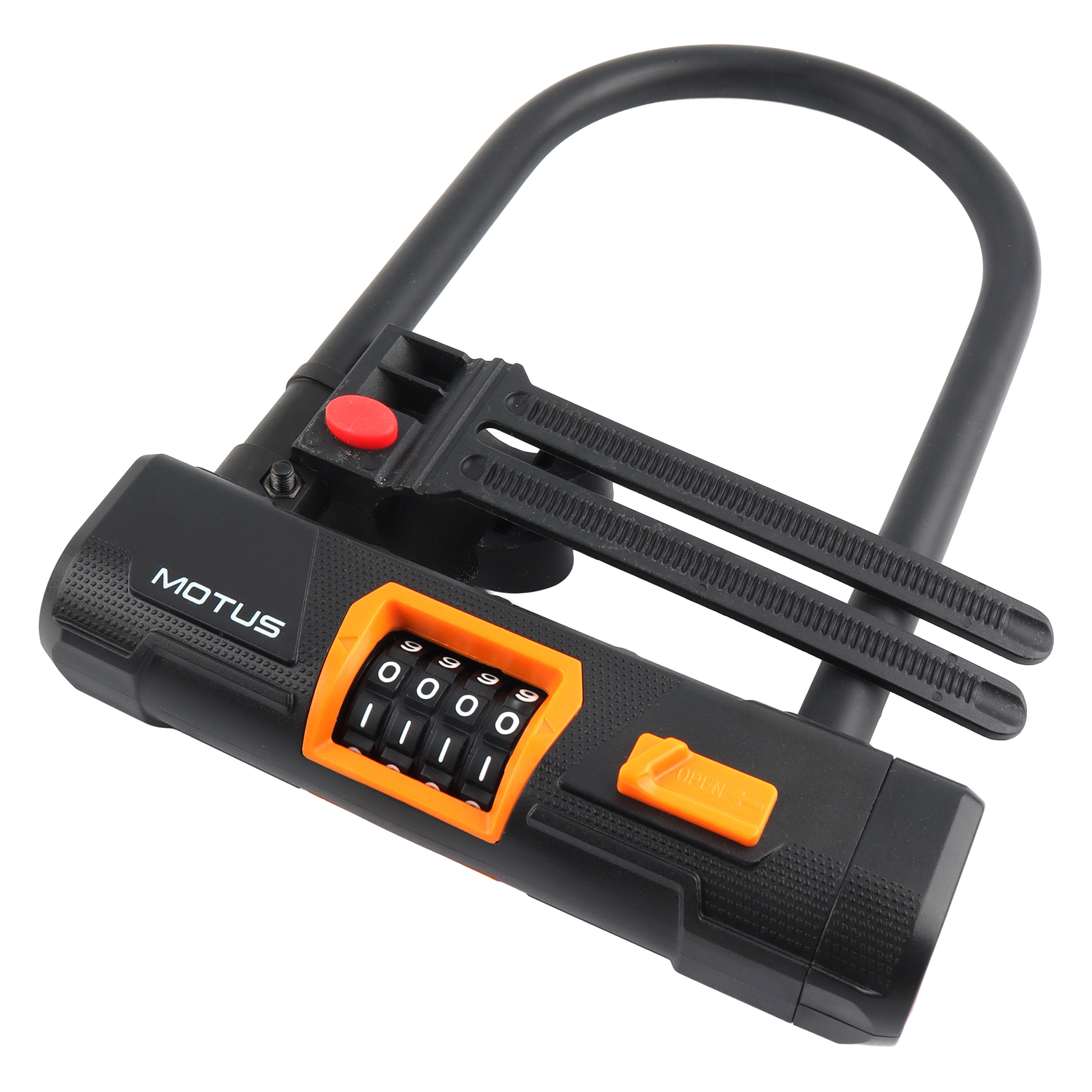 Candado de bicicleta negro con dial naranja y cuatro ruedas numéricas.